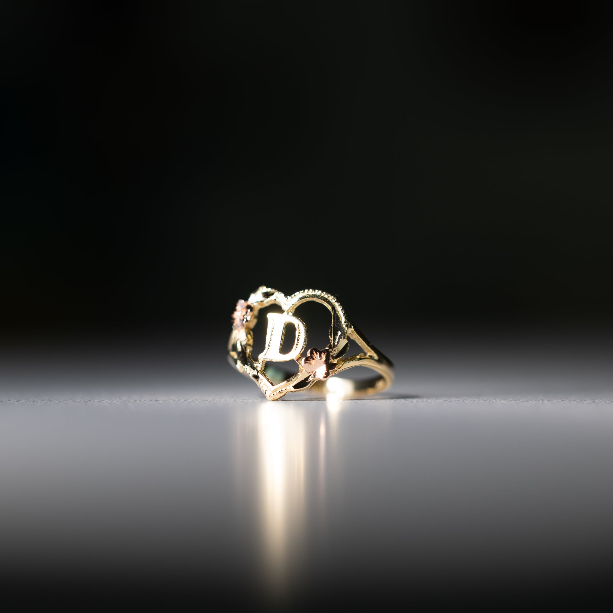 Gold Heart & Rose Initial "D" Ring - Charlie & Co. Jewelry
