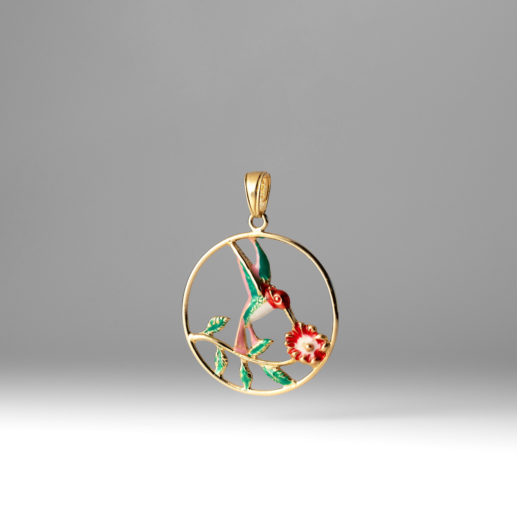 Gold Hummingbird With Flower Enamel Pendant - Model K4221 - Charlie & Co. Jewelry