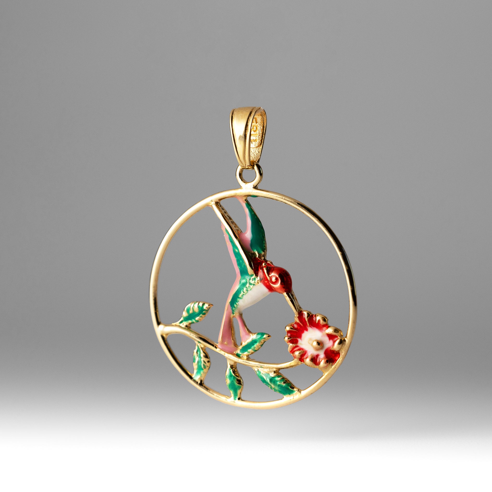 Gold Hummingbird With Flower Enamel Pendant - Model K4221 - Charlie & Co. Jewelry
