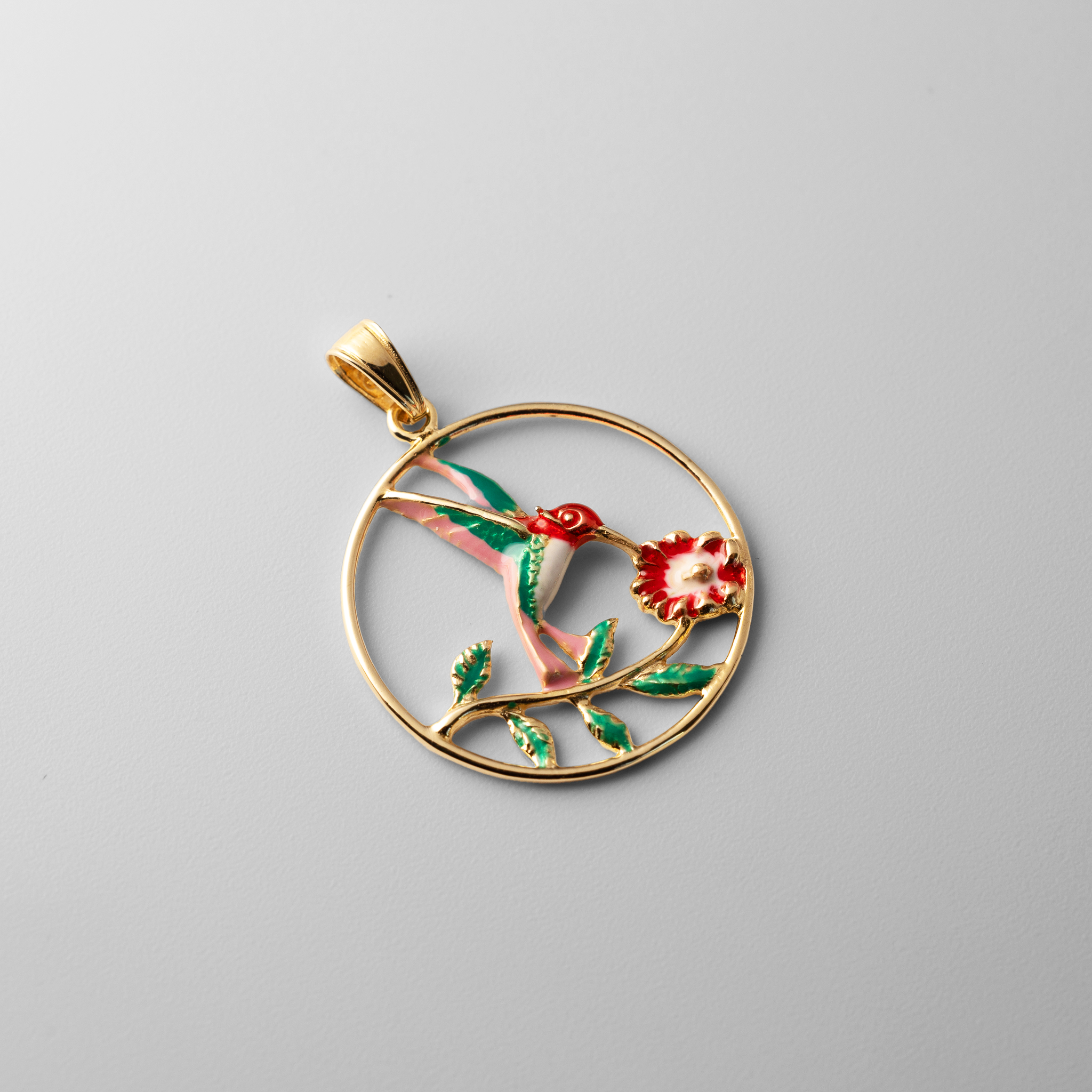 Gold Hummingbird With Flower Enamel Pendant - Model K4221 - Charlie & Co. Jewelry