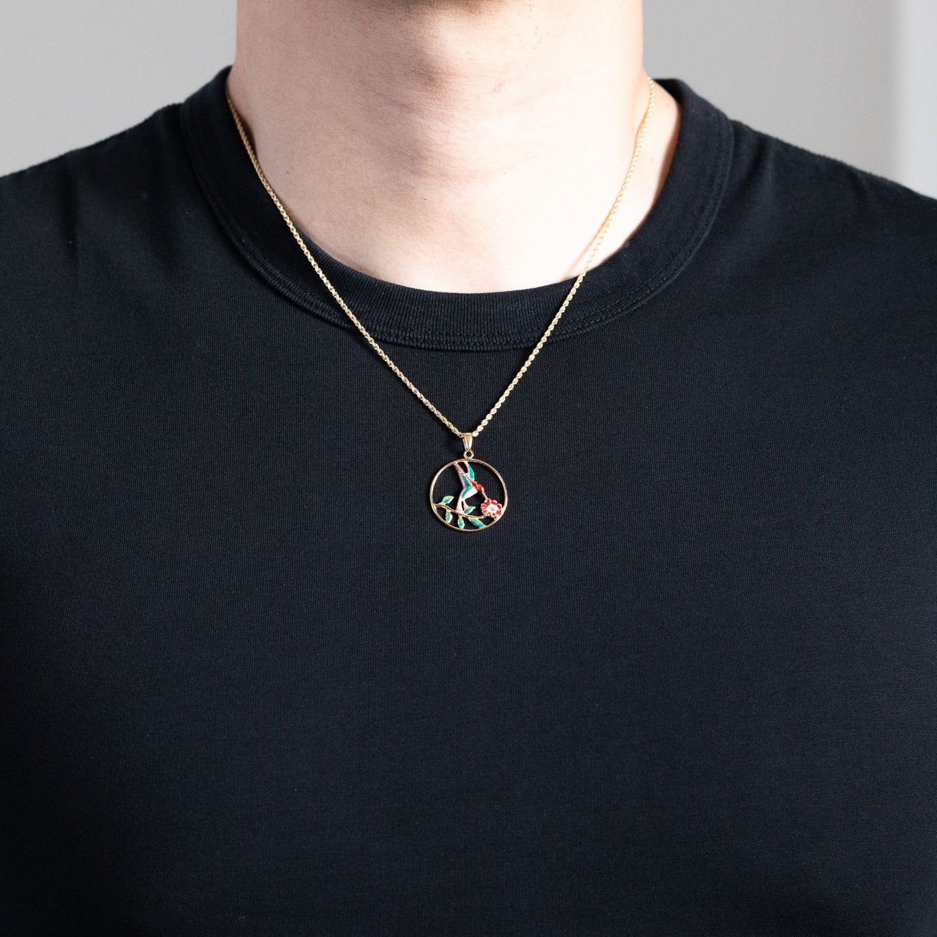 Gold Hummingbird With Flower Enamel Pendant - Model K4221 - Charlie & Co. Jewelry