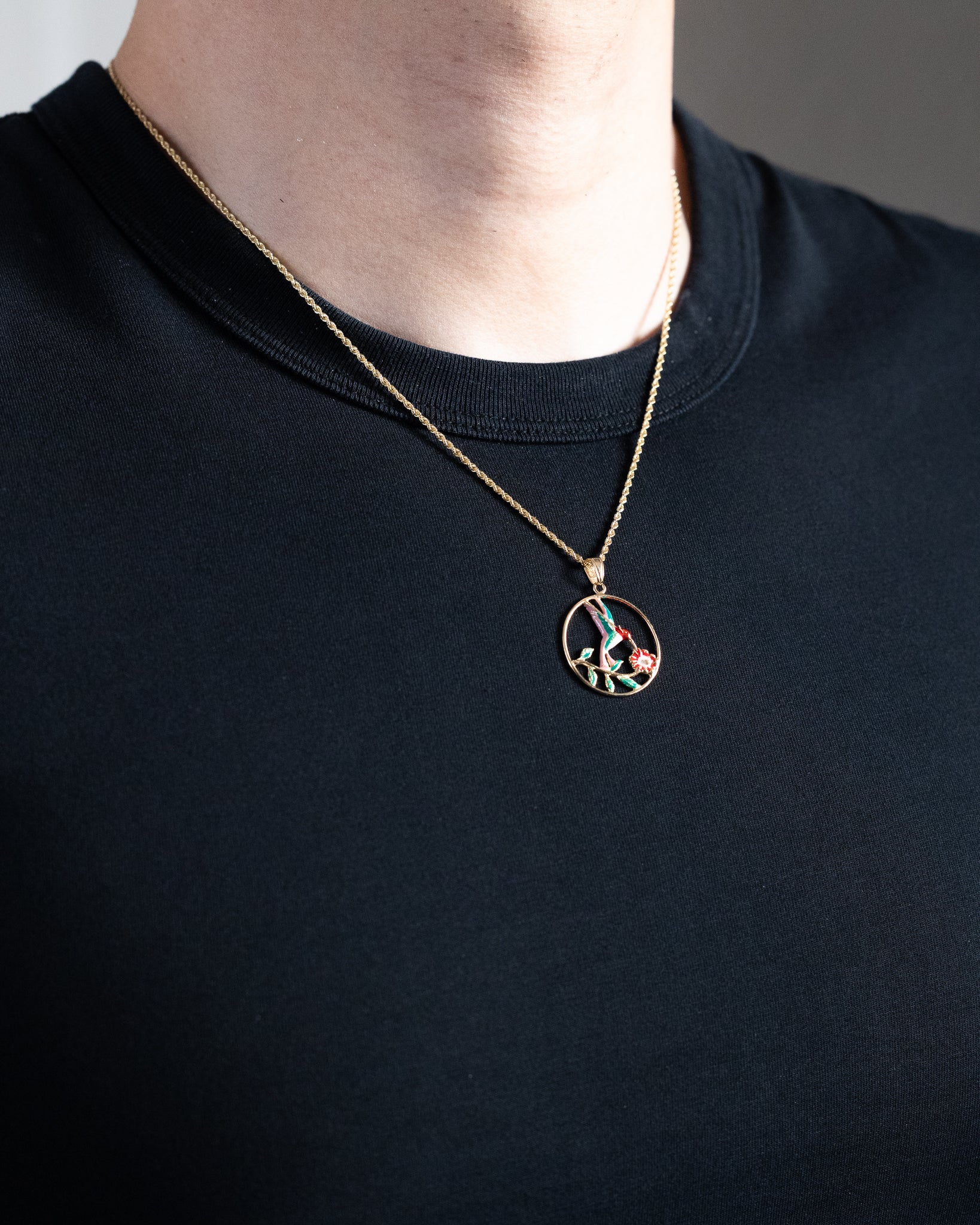 Gold Hummingbird With Flower Enamel Pendant - Model K4221 - Charlie & Co. Jewelry