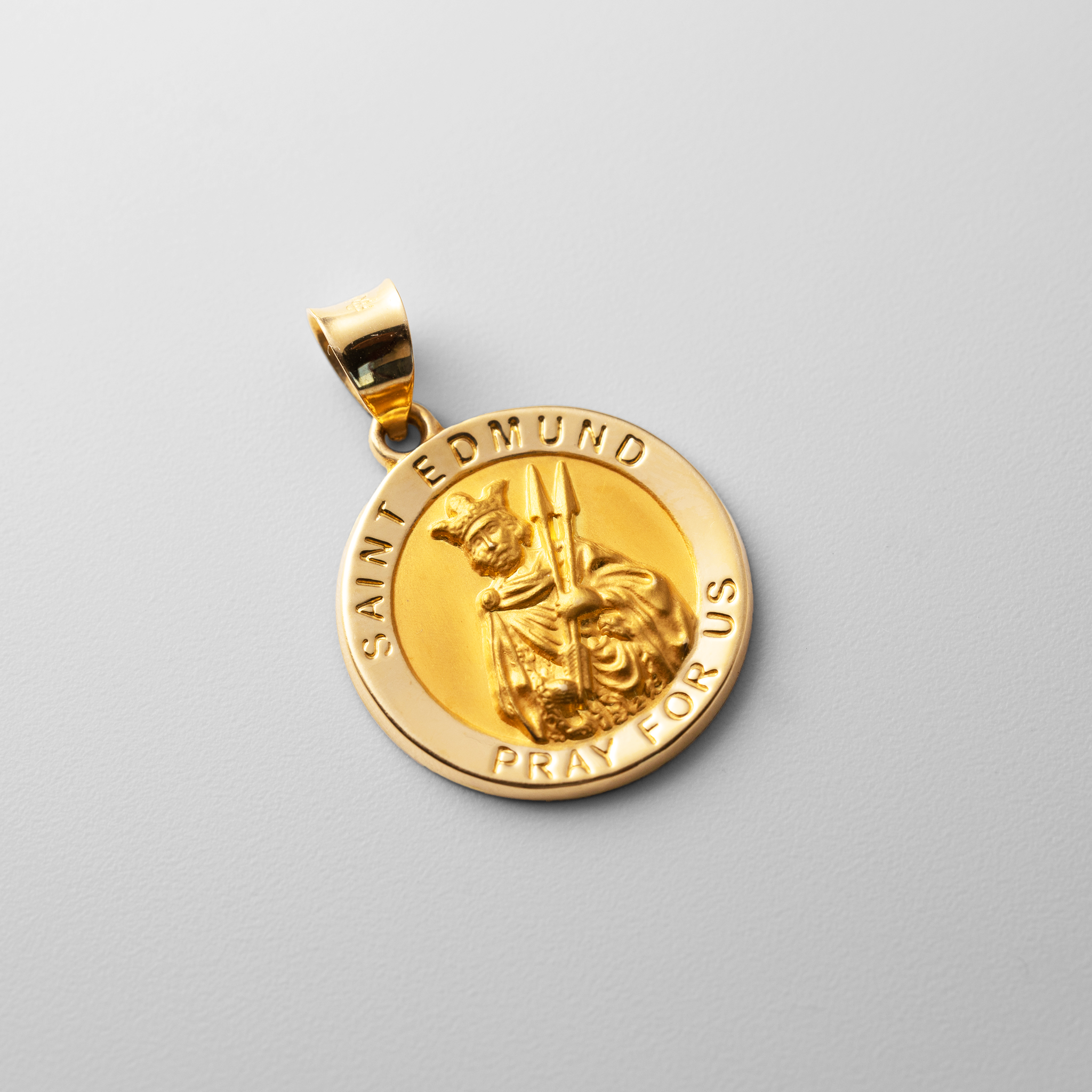 Gold Round St. Edmund Medal Hollow Pendant - Model XR1706 - Charlie & Co. Jewelry