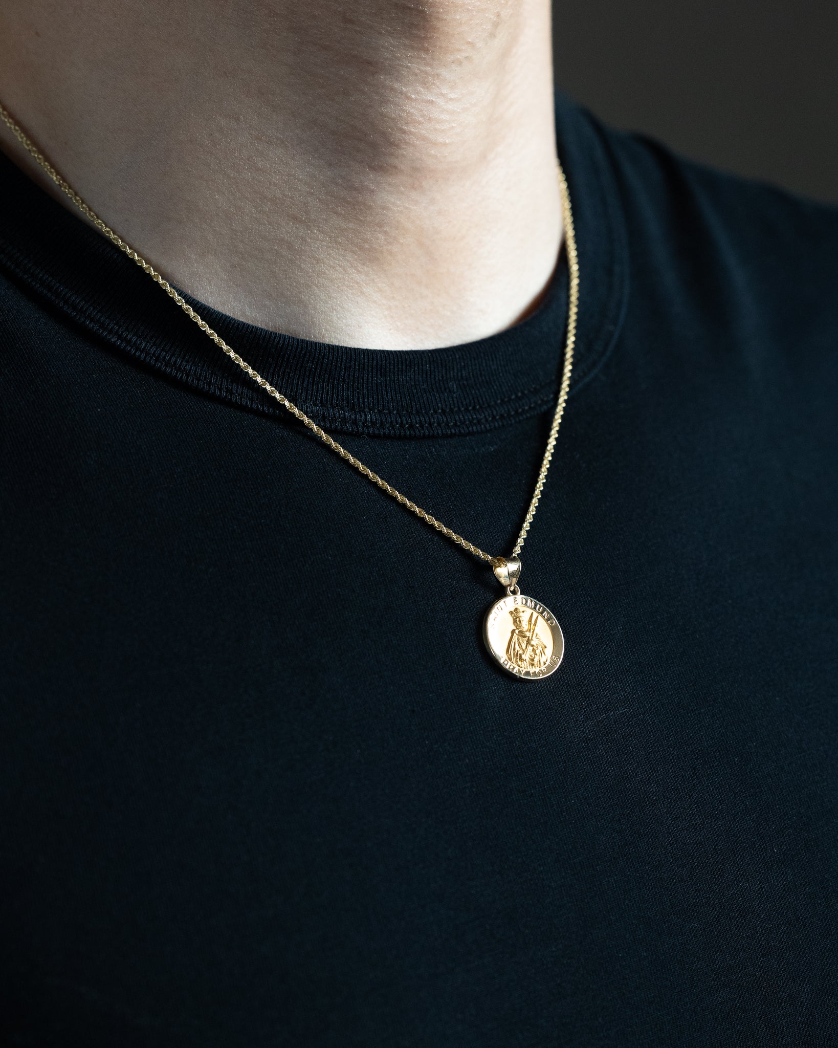 Gold Round St. Edmund Medal Hollow Pendant - Model XR1706 - Charlie & Co. Jewelry