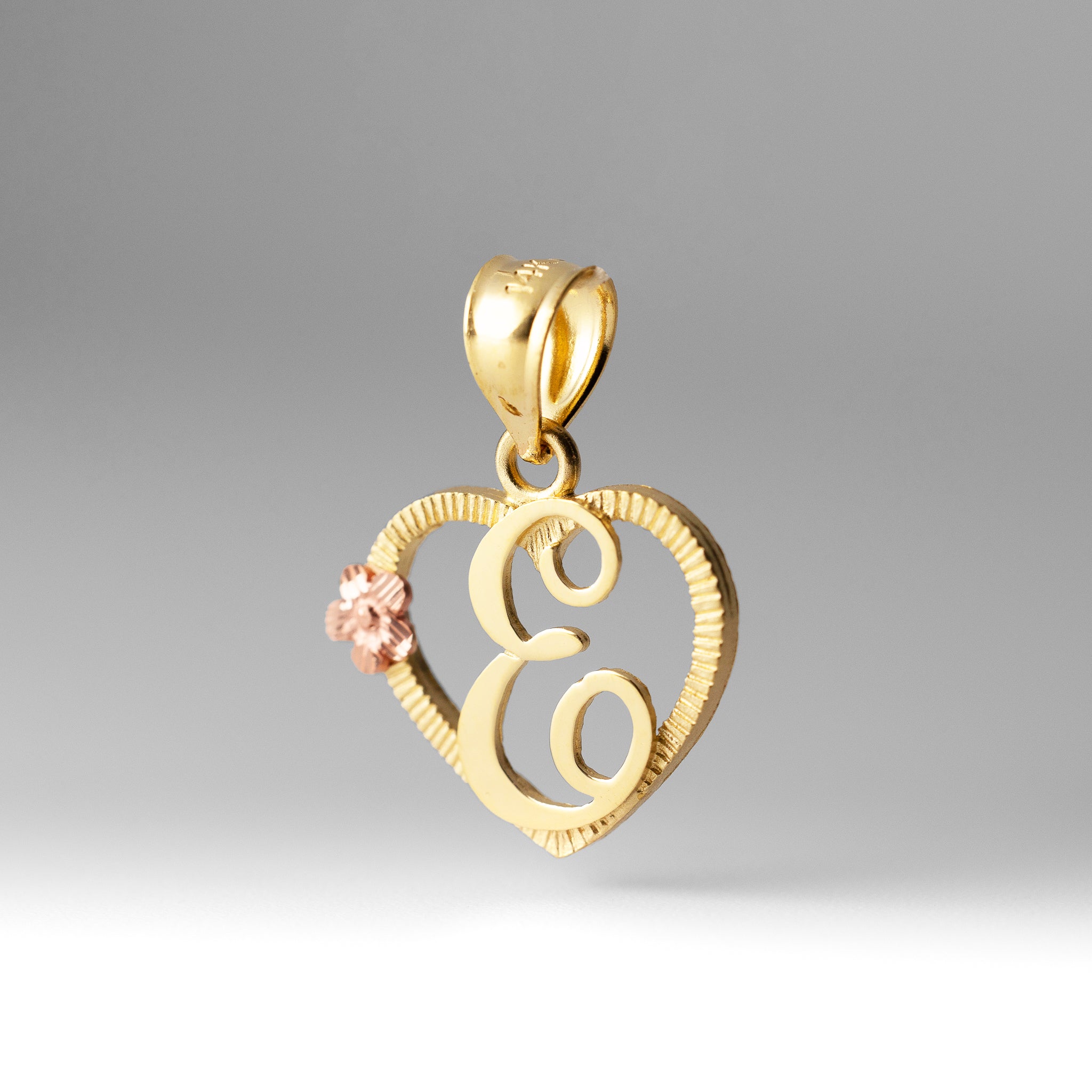 Gold Script Letter 'E' Heart Charm with Floral Accent - Charlie & Co. Jewelry