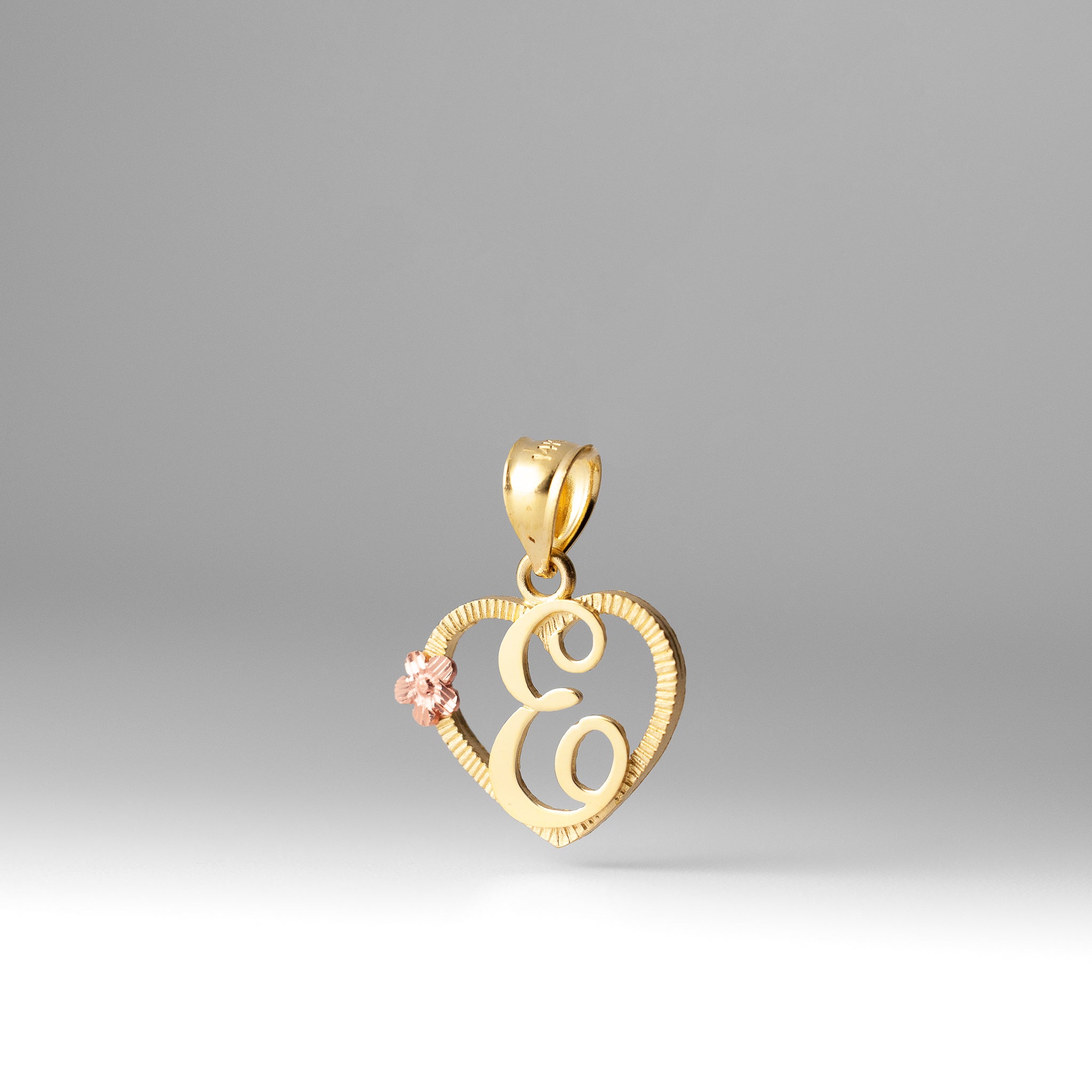 Gold Script Letter 'E' Heart Charm with Floral Accent - Charlie & Co. Jewelry