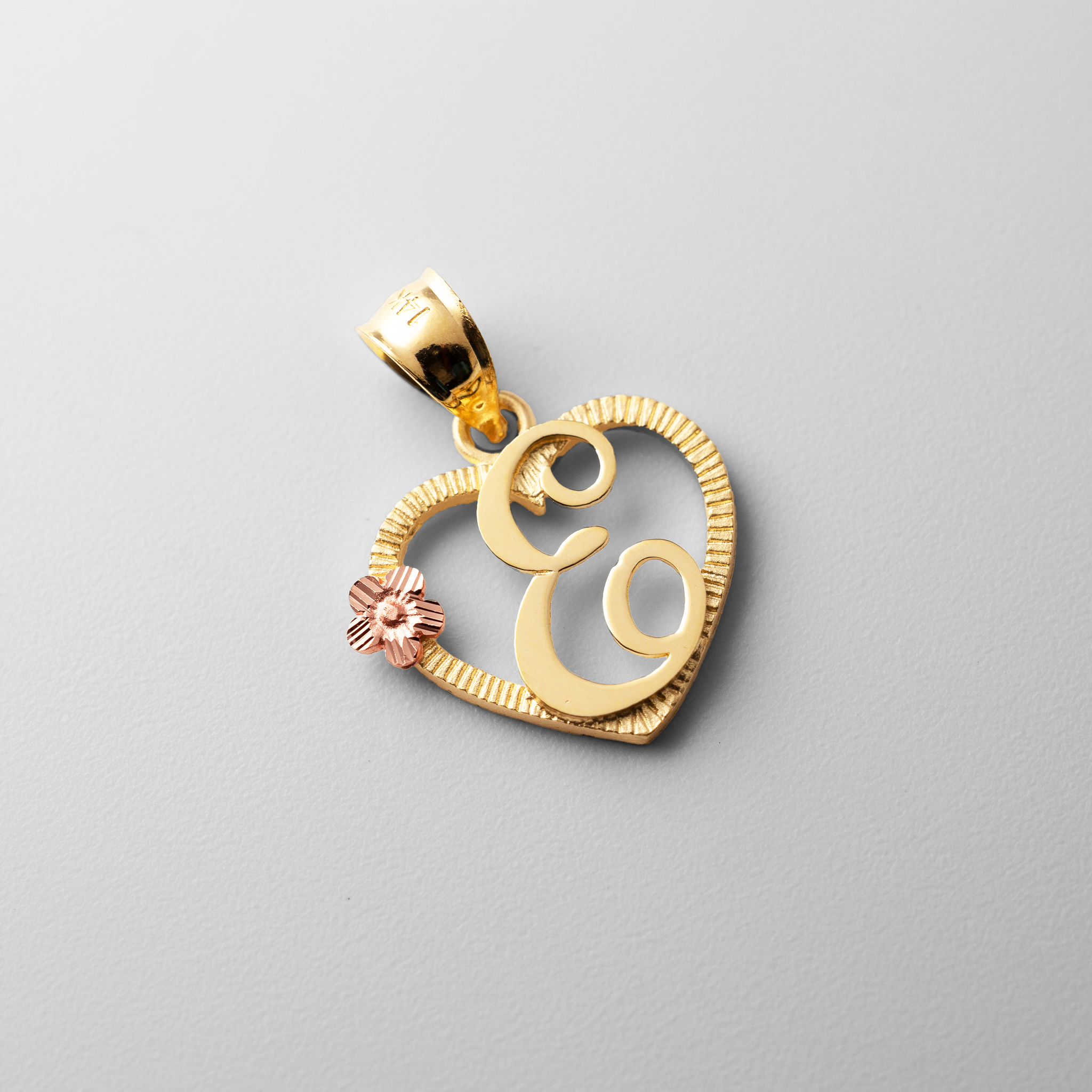 Gold Script Letter 'E' Heart Charm with Floral Accent - Charlie & Co. Jewelry