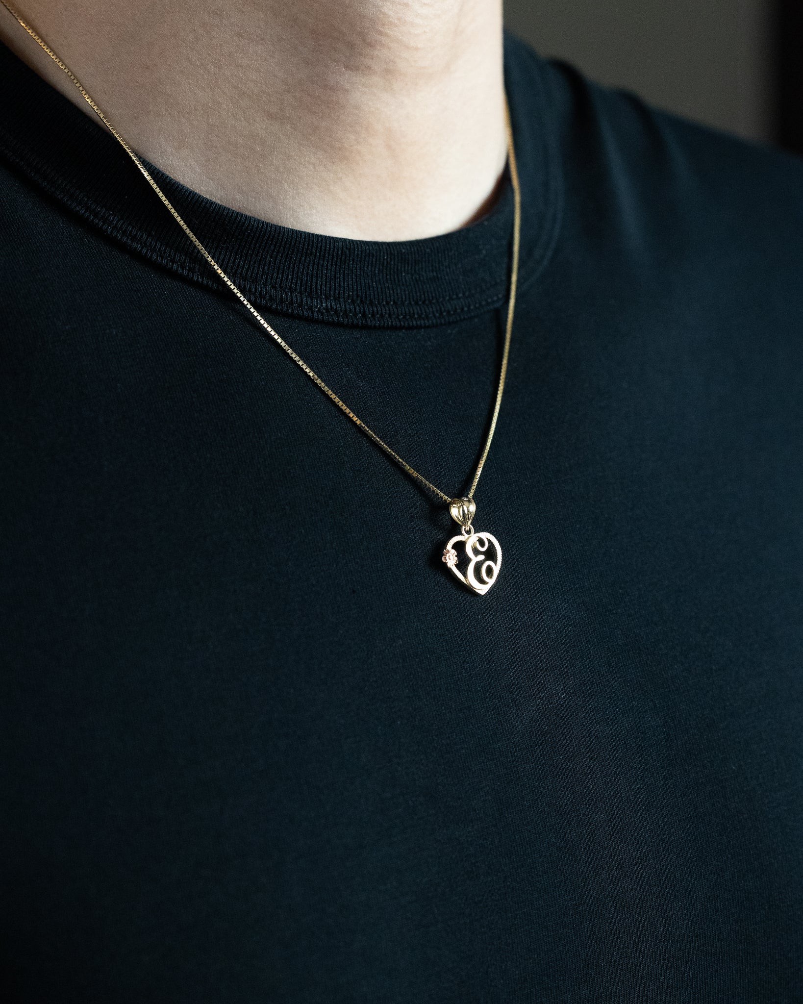 Gold Script Letter 'E' Heart Charm with Floral Accent - Charlie & Co. Jewelry