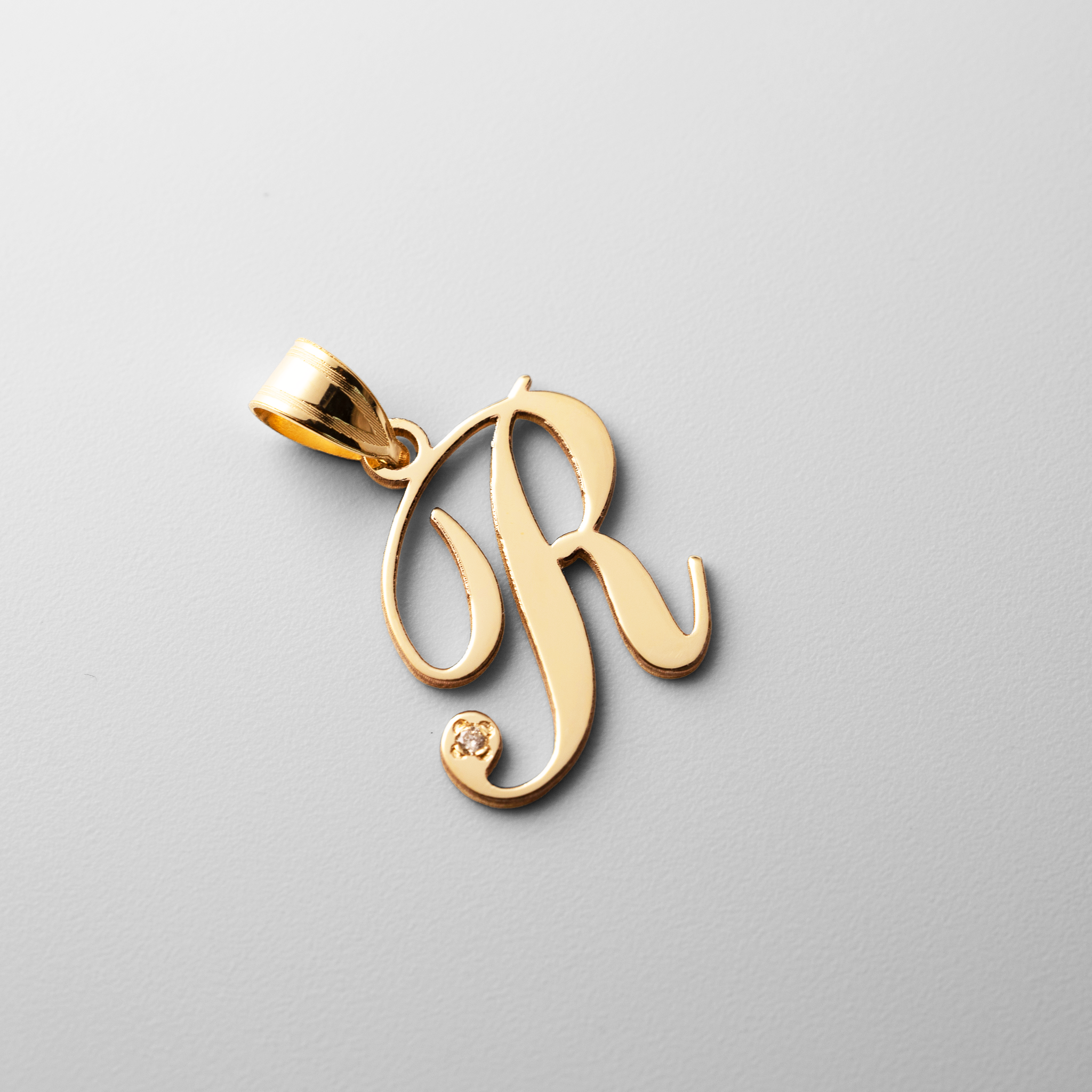 Gold Script Letter R Initial Pendant with Diamond - Model YC252R - Charlie & Co. Jewelry