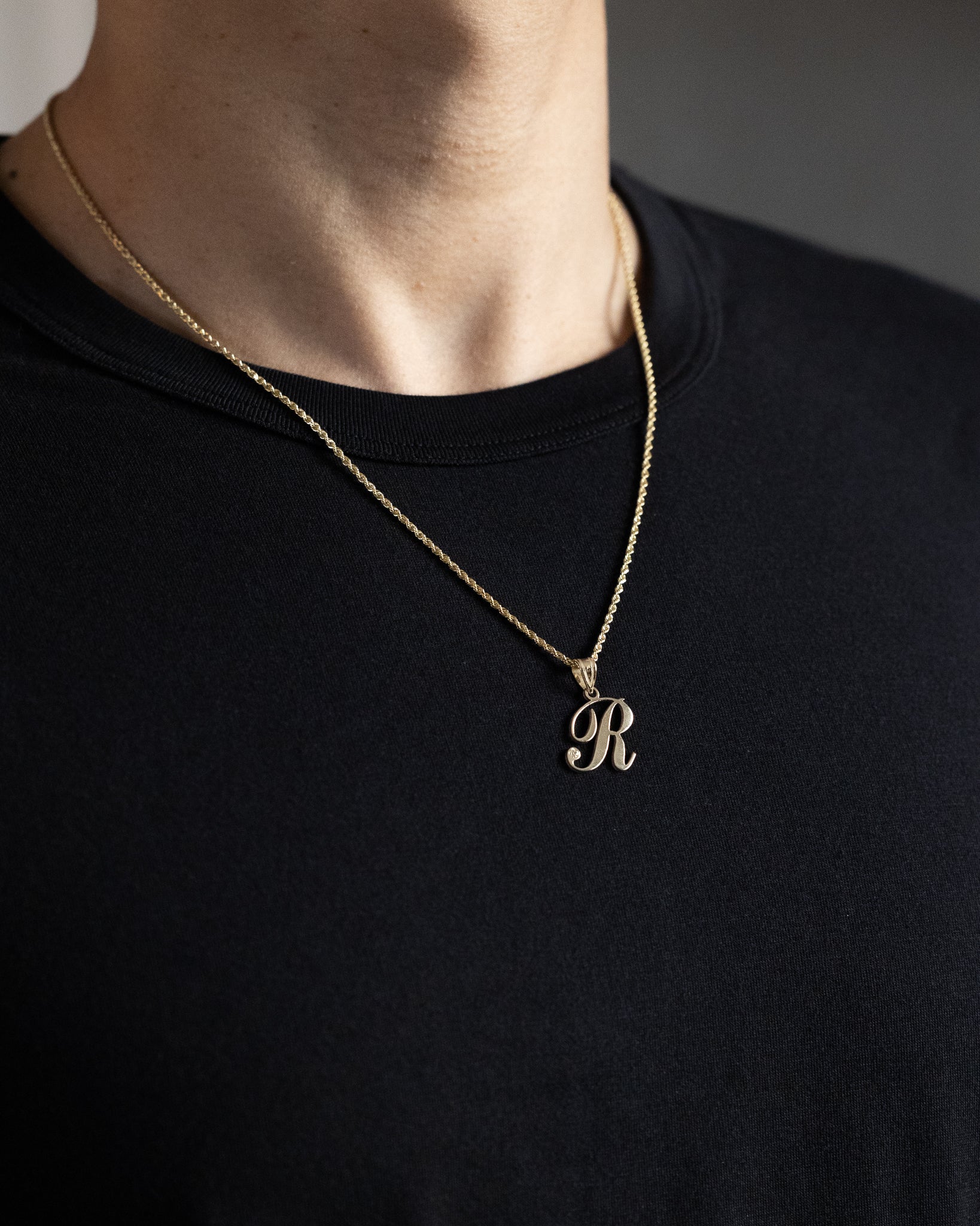 Gold Script Letter R Initial Pendant with Diamond - Model YC252R - Charlie & Co. Jewelry