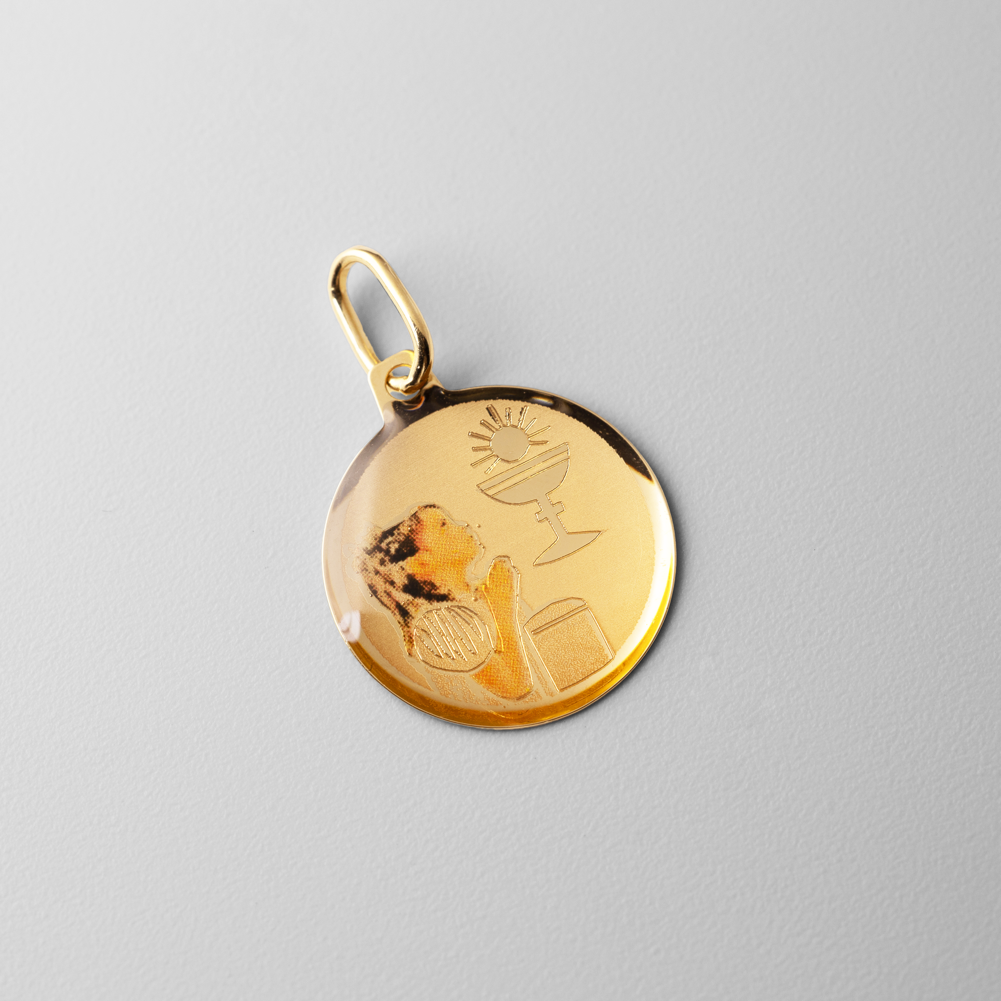Gold Baptism Enamel Round Plate Pendant - Model 0217 - Charlie & Co. Jewelry