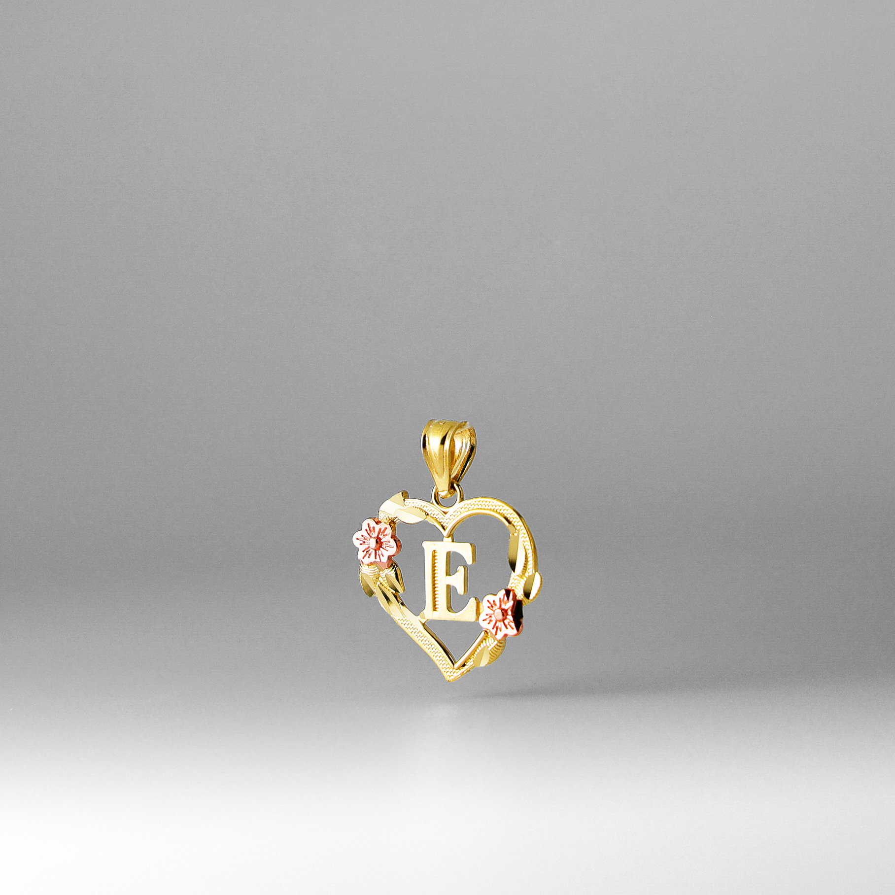 Gold Heart Letter E Pendant with Flowers | A-Z Pendants - Charlie & Co. Jewelry