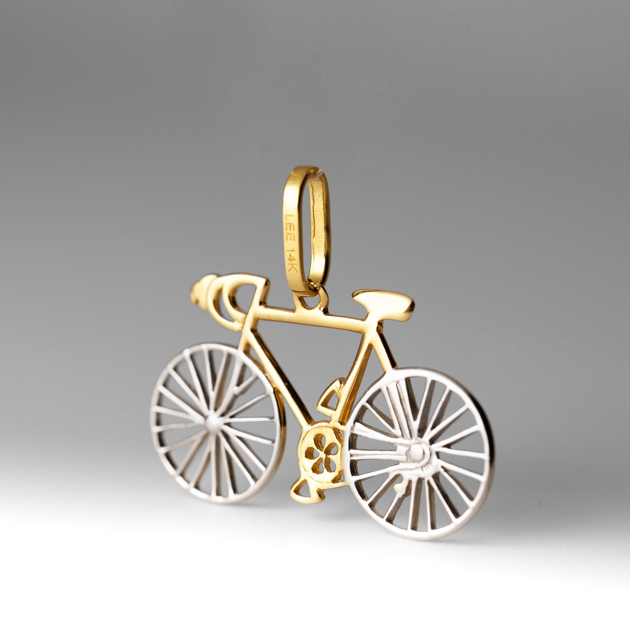 Yellow And White Gold Bicycle Pendant - Model 2328 - Charlie & Co. Jewelry