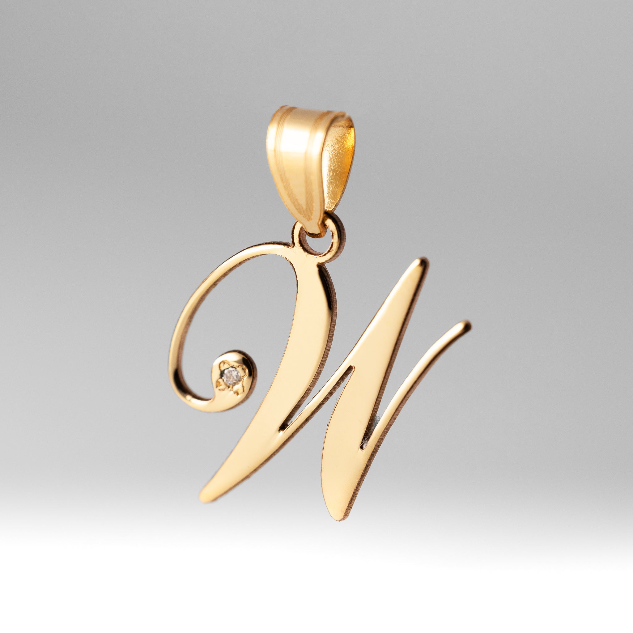 Gold Script Letter W Initial Pendant with Diamond - Model YC252W - Charlie & Co. Jewelry