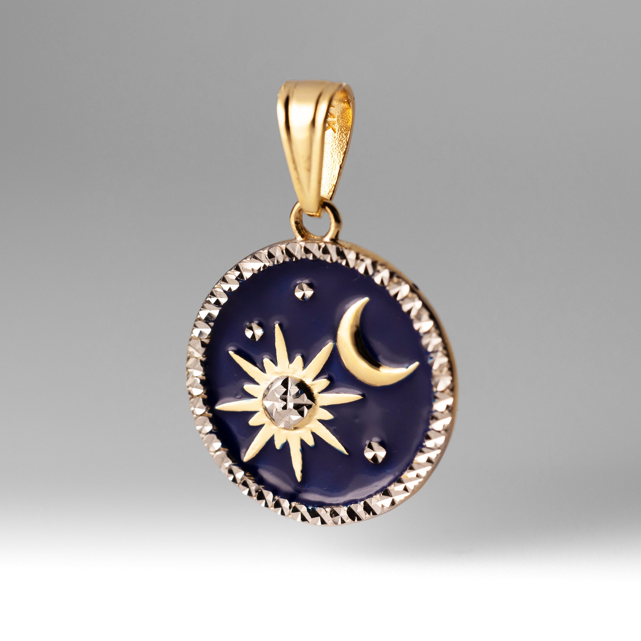 Gold Diamond-Cut Enameled Sun and Moon Pendant - Model C4889 - Charlie & Co. Jewelry