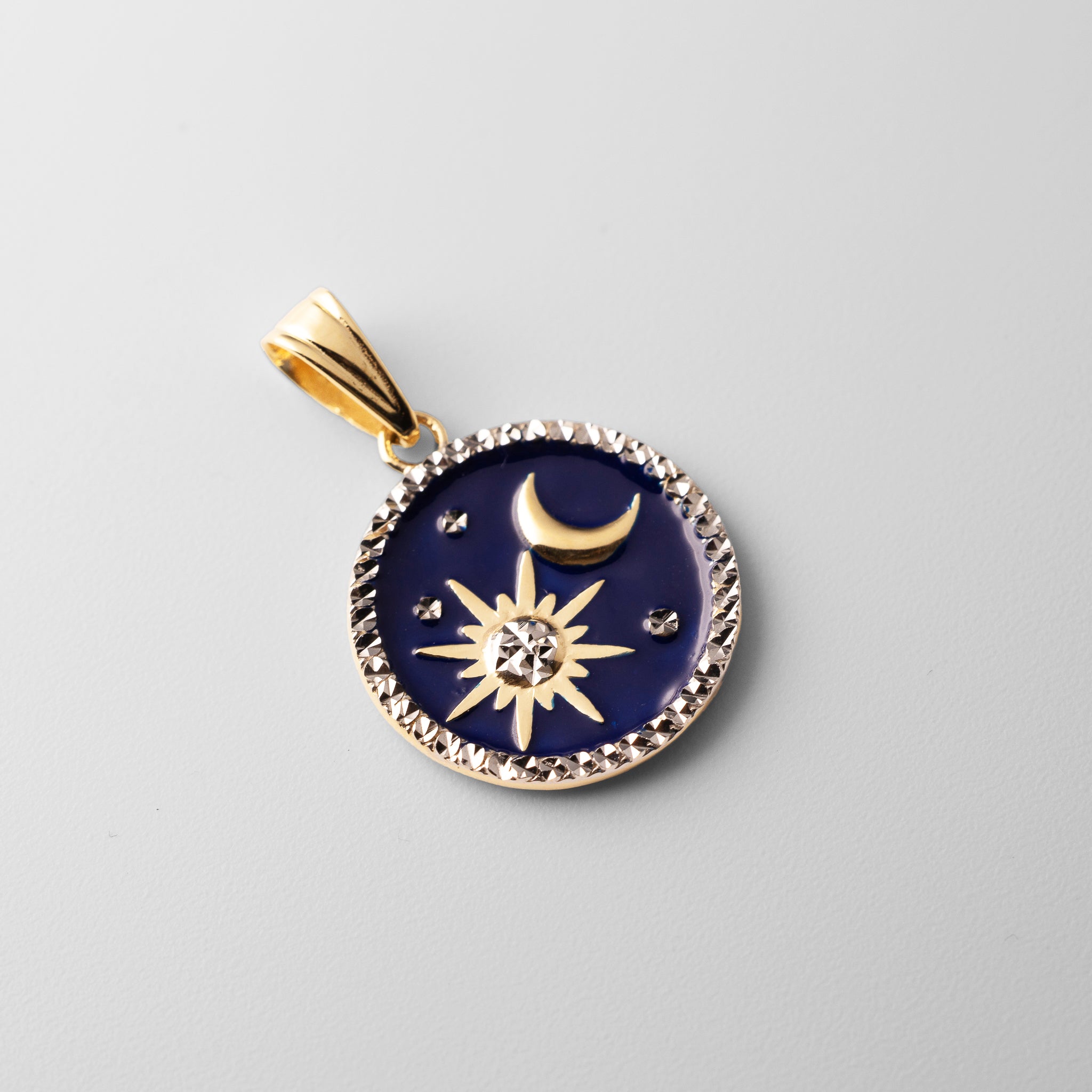 Gold Diamond-Cut Enameled Sun and Moon Pendant - Model C4889