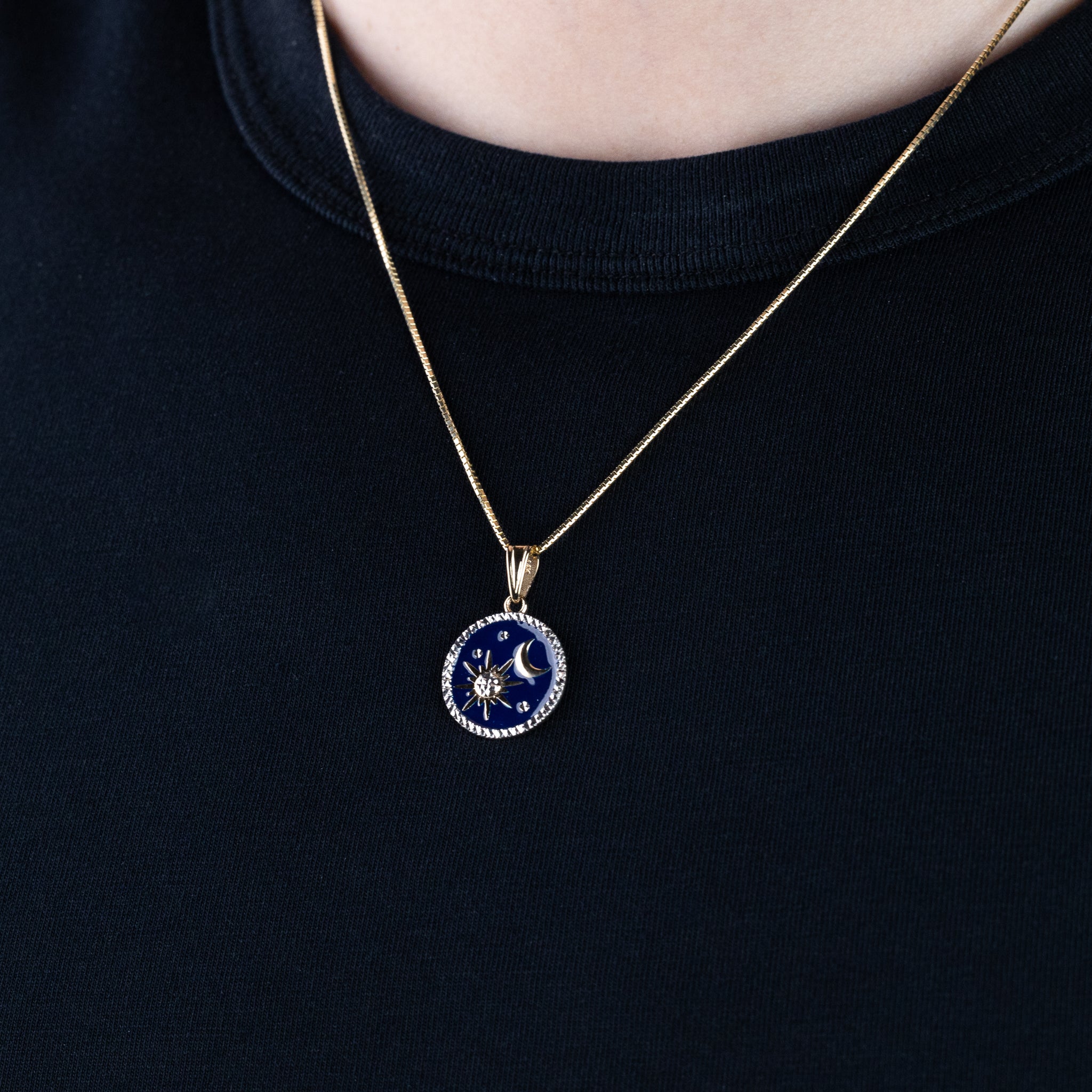 Gold Diamond-Cut Enameled Sun and Moon Pendant - Model C4889
