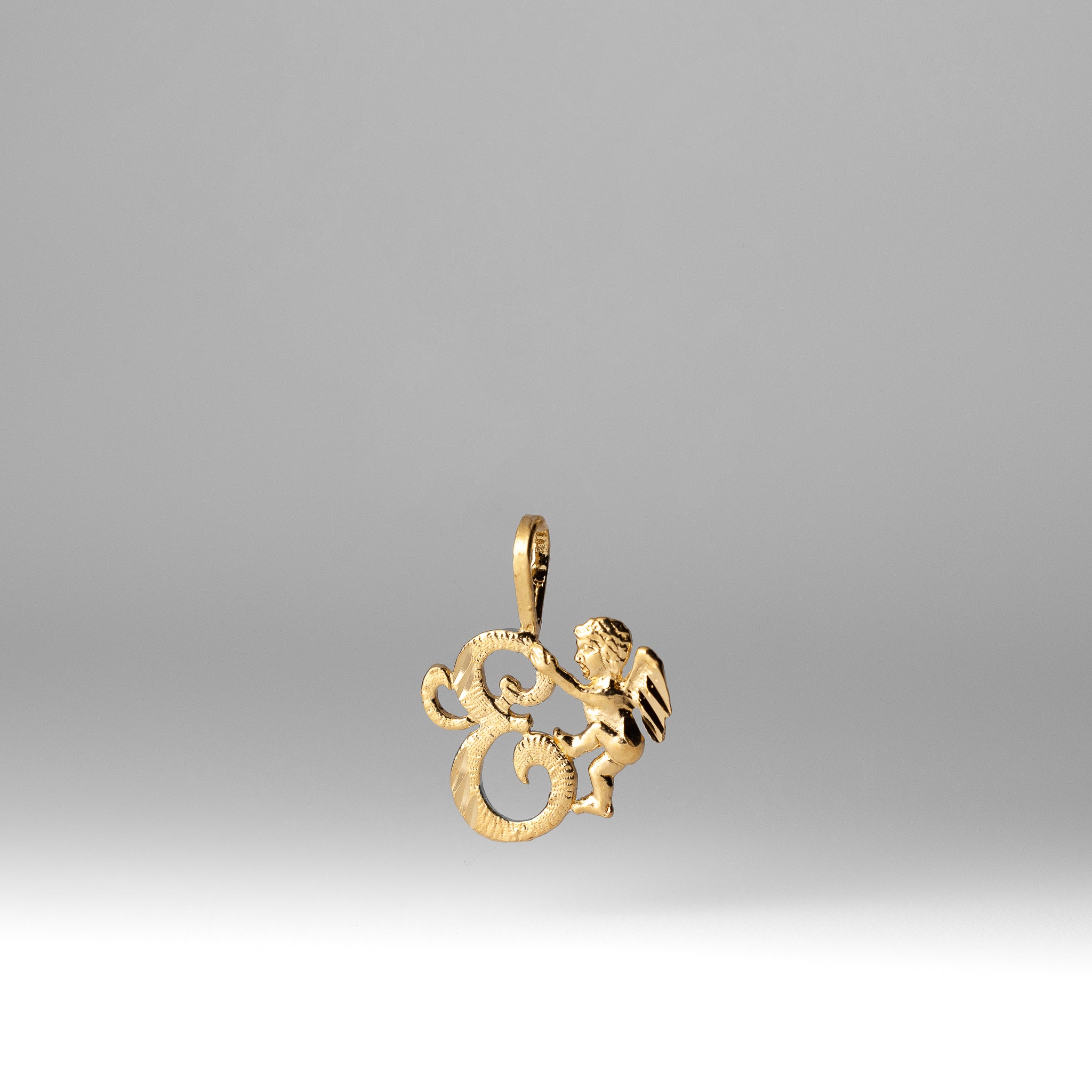 Gold Script Letter E Pendant with Cherub Angel | A-Z Pendants - Charlie & Co. Jewelry