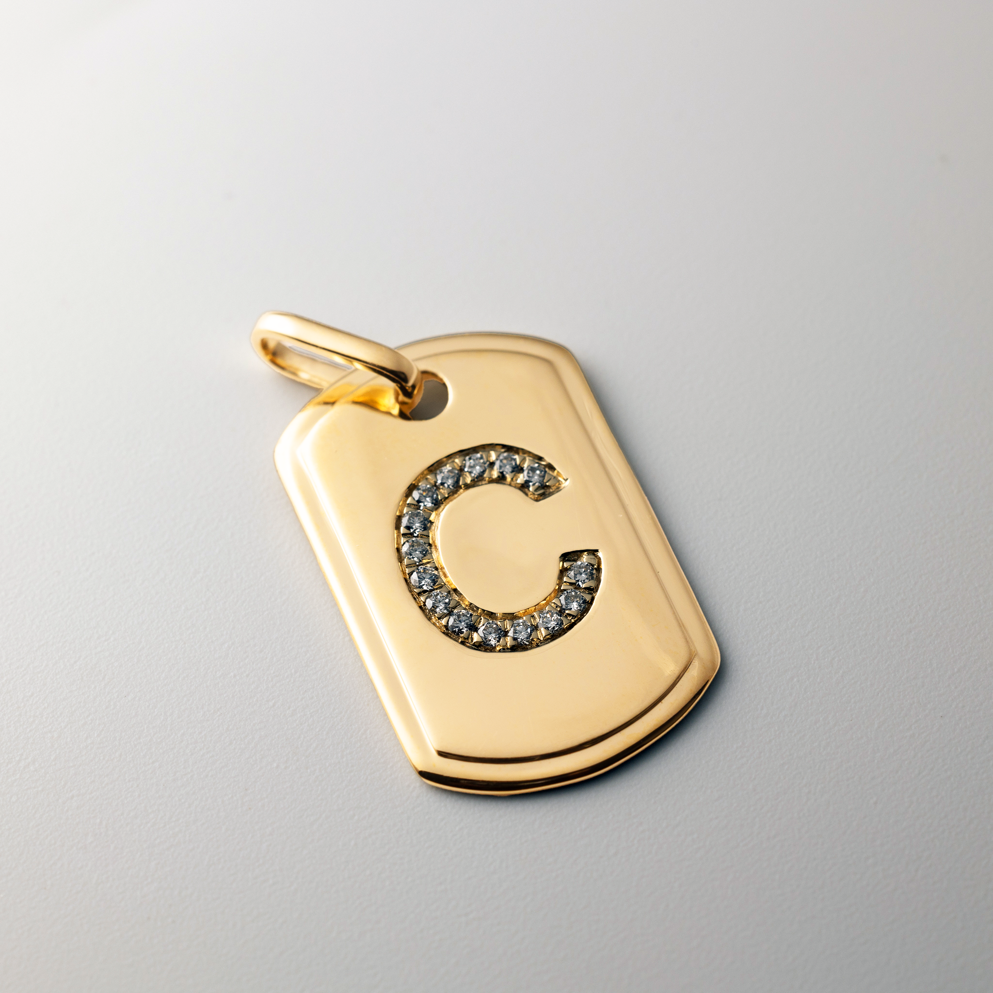 14K Gold Initial "C" Dog Tag Pendant With Diamonds - Charlie & Co. Jewelry