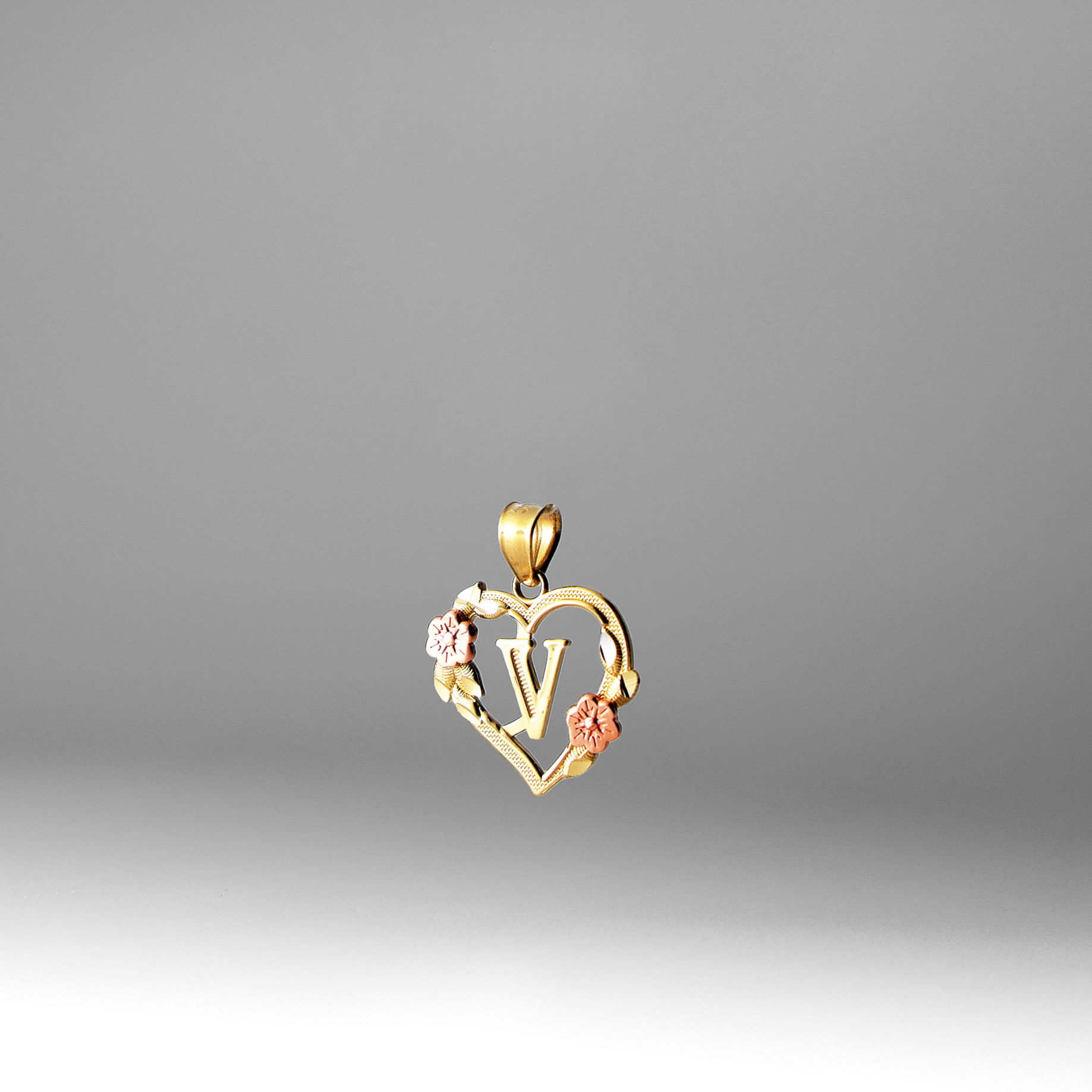 Gold Heart Letter V Pendant with Flowers | A-Z Pendants - Charlie & Co. Jewelry