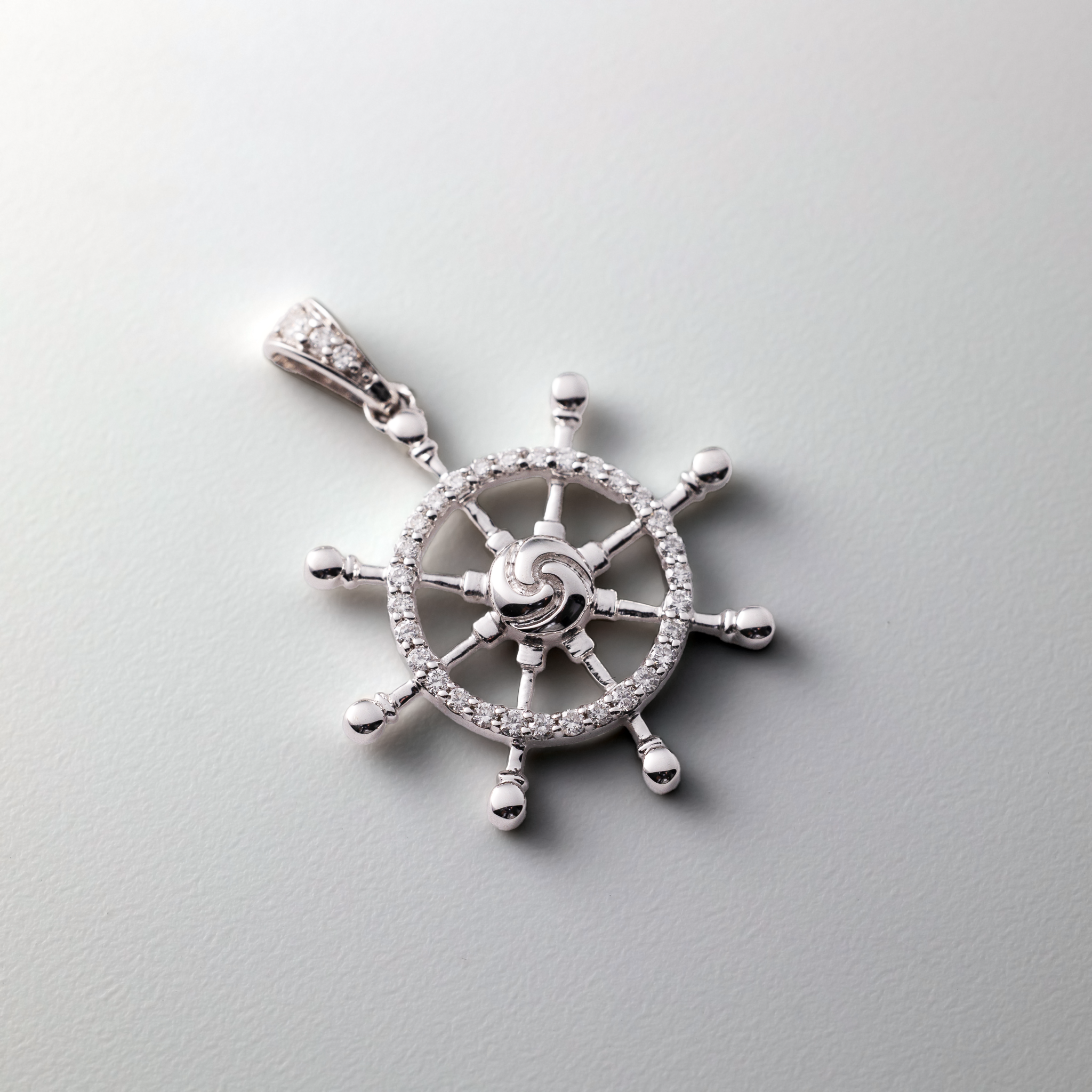 White 14K Gold 1/6ct. Diamond Ship Wheel Pendant - Model PM4050-016-WA