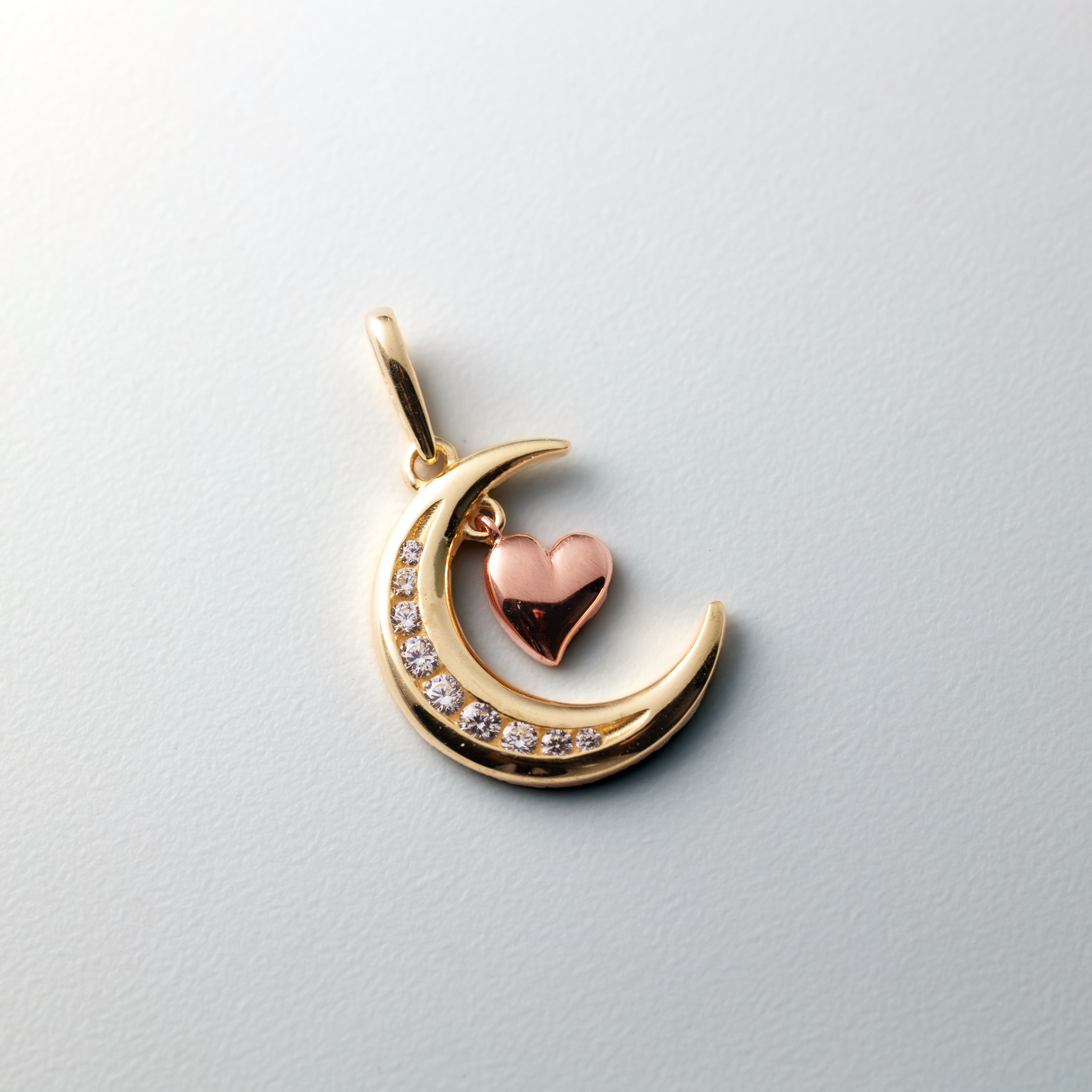 14K Gold CZ Moon Heart Pendant - Model YC1467