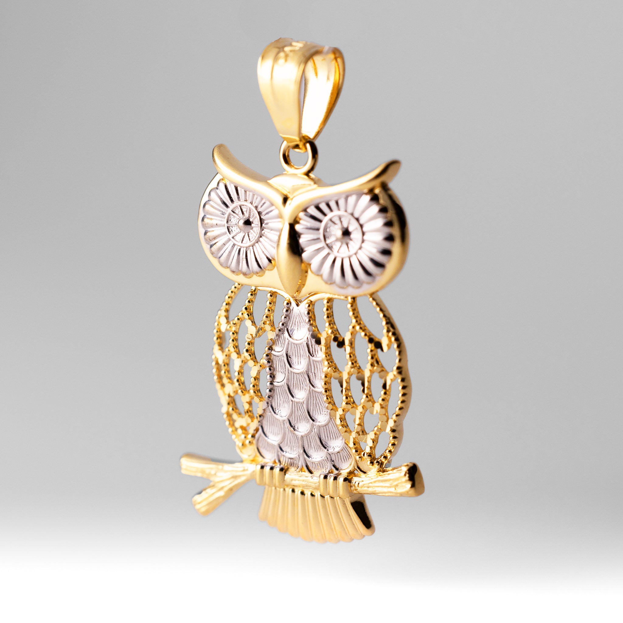Yellow 14K Gold and White 14K Gold Moveable Owl Pendant - Model K5979 - Charlie & Co. Jewelry
