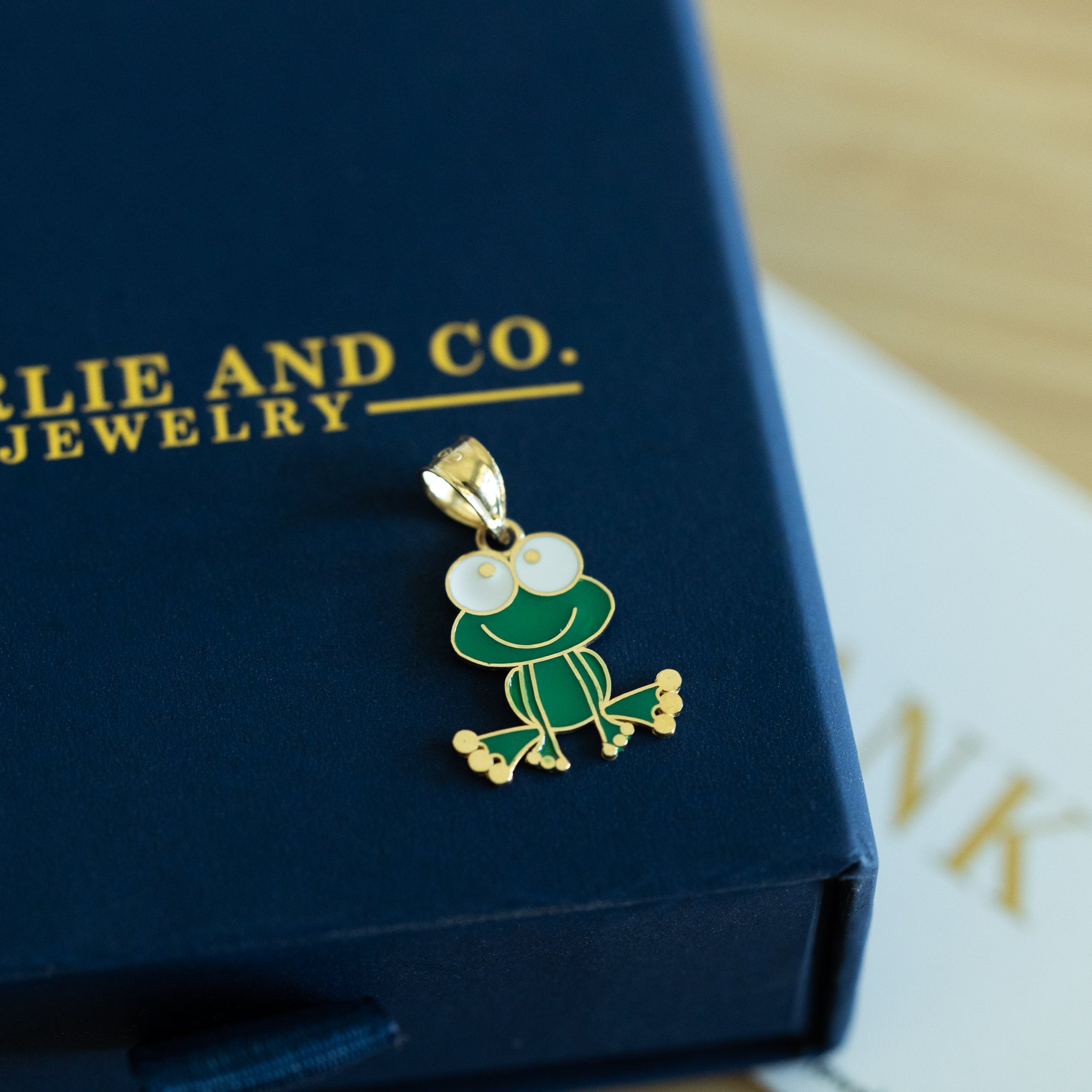 14K Gold Frog Charm with Green and White Enamel - Charlie & Co. Jewelry