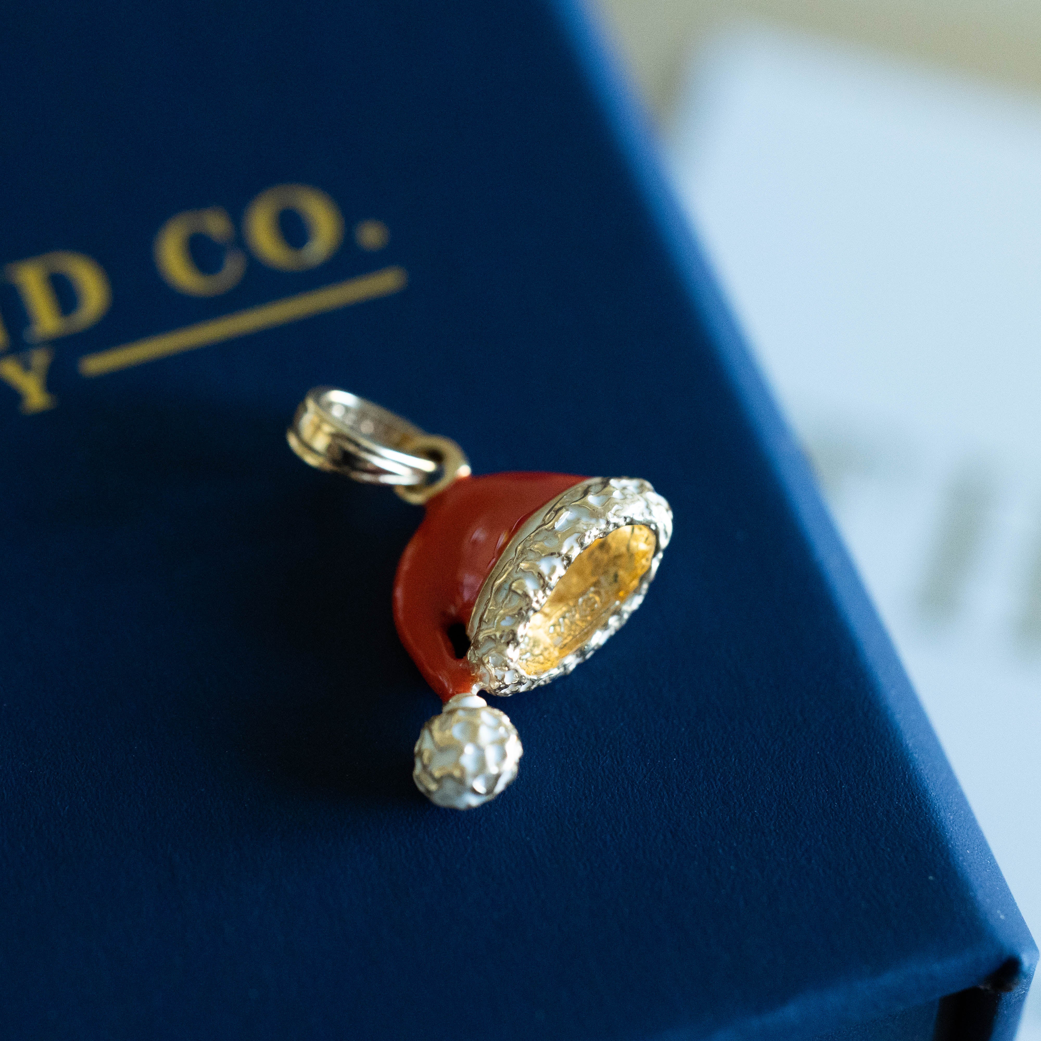14K Gold 3D Santa Hat Pendant with Red and White Enamel