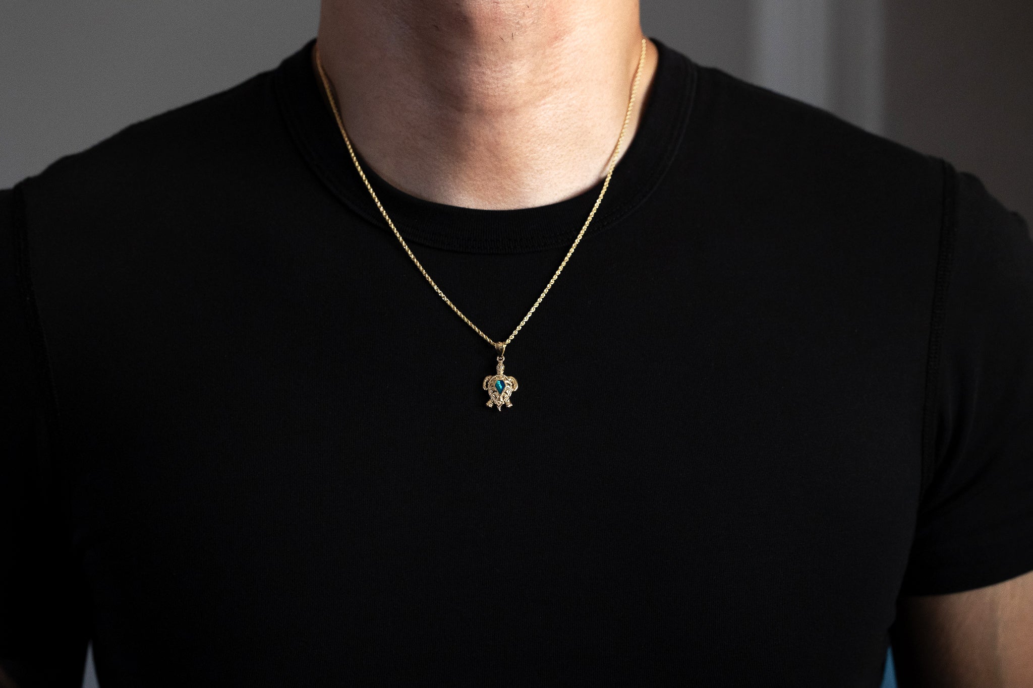 Gold Polished Turtle Pendant with Created Blue Opal Inlay - Charlie & Co. Jewelry