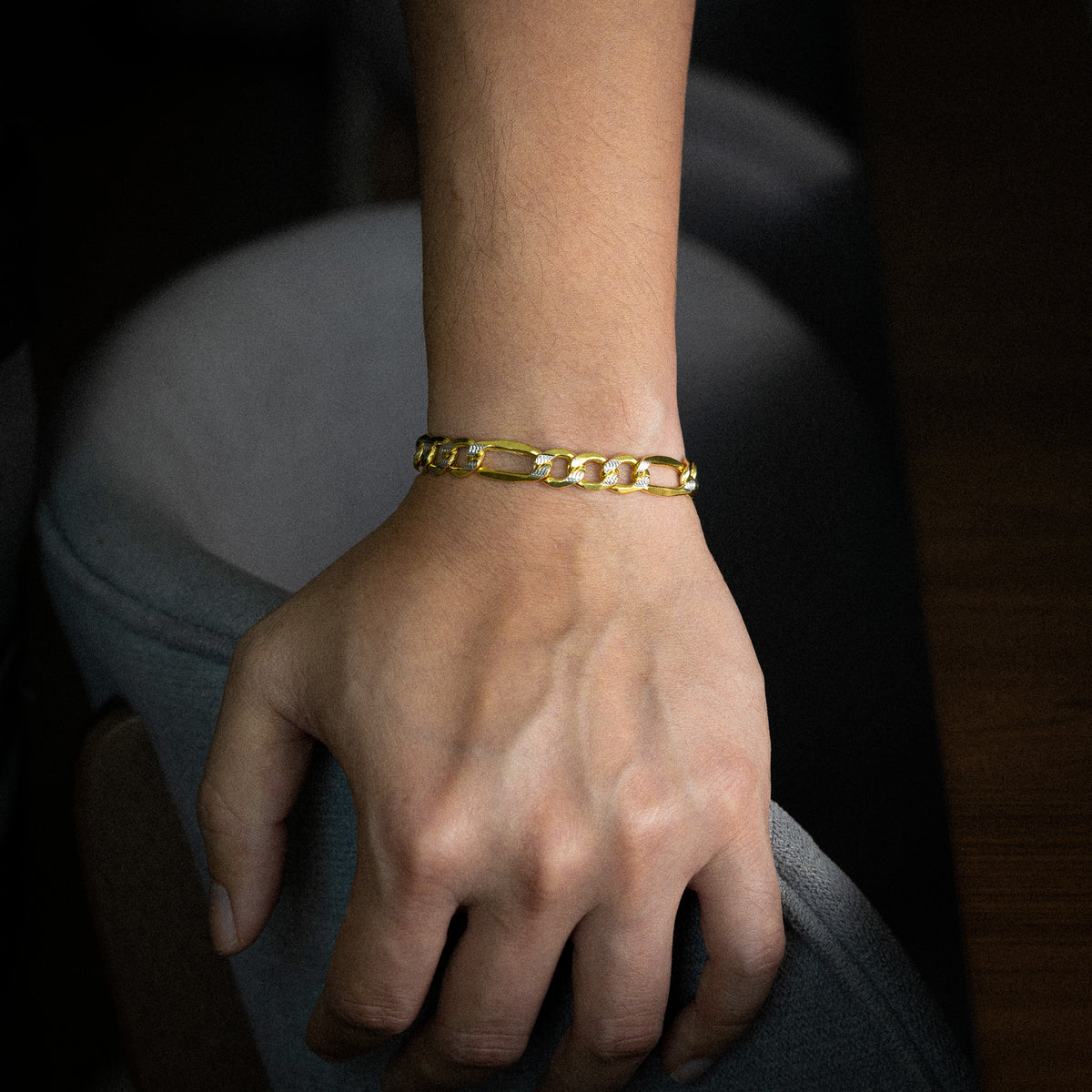 14k Gold Two-Tone 8.6mm Hollow Bevel Figaro Bracelet 8.5 Inch - Model CH-0656