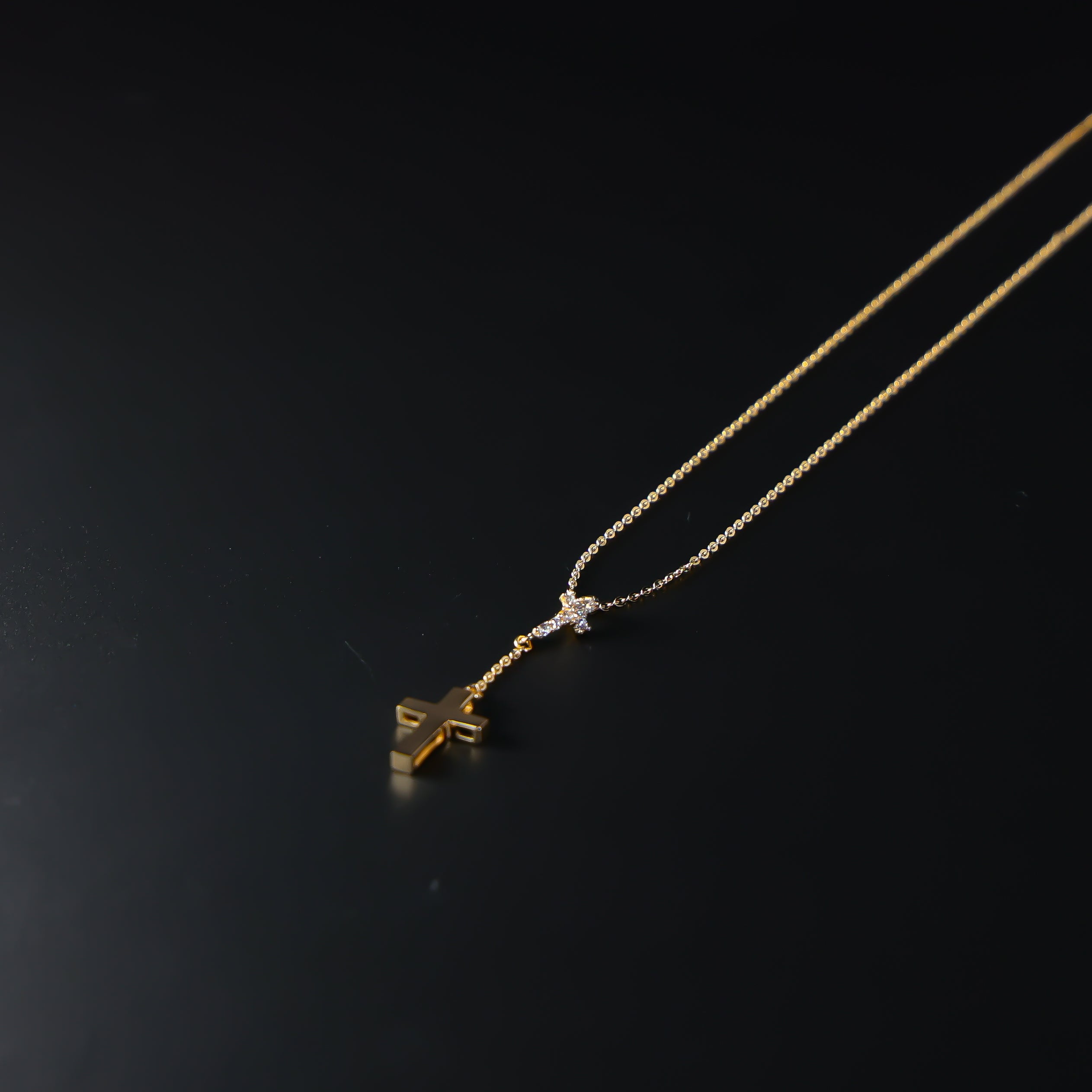 14K Dainty Gold Hanging Rosary Cross Necklace Model-NK0214 - Charlie & Co. Jewelry