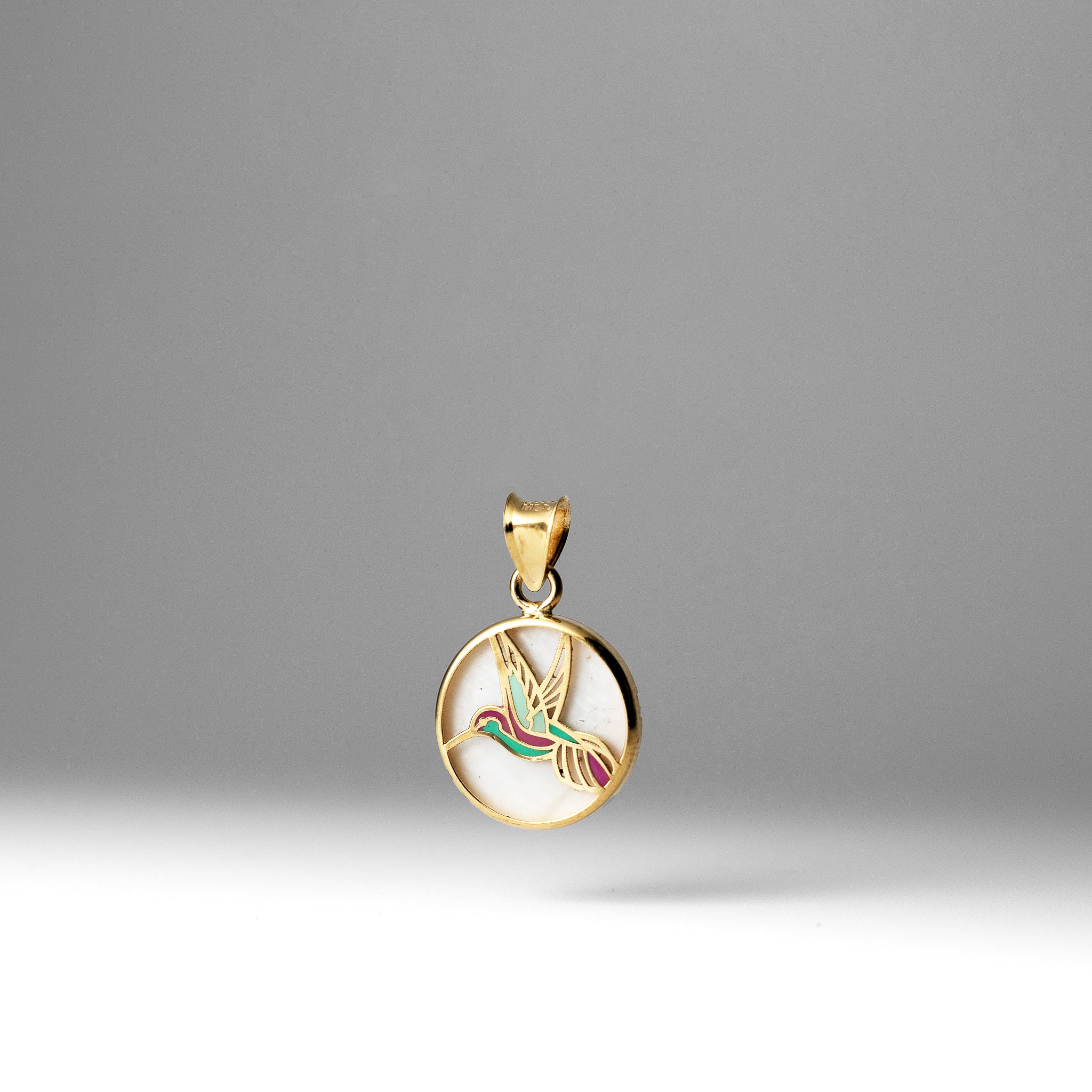 Gold Hummingbird Round Pendant With Mother of Pearl Backdrop - Model PT2519 - Charlie & Co. Jewelry