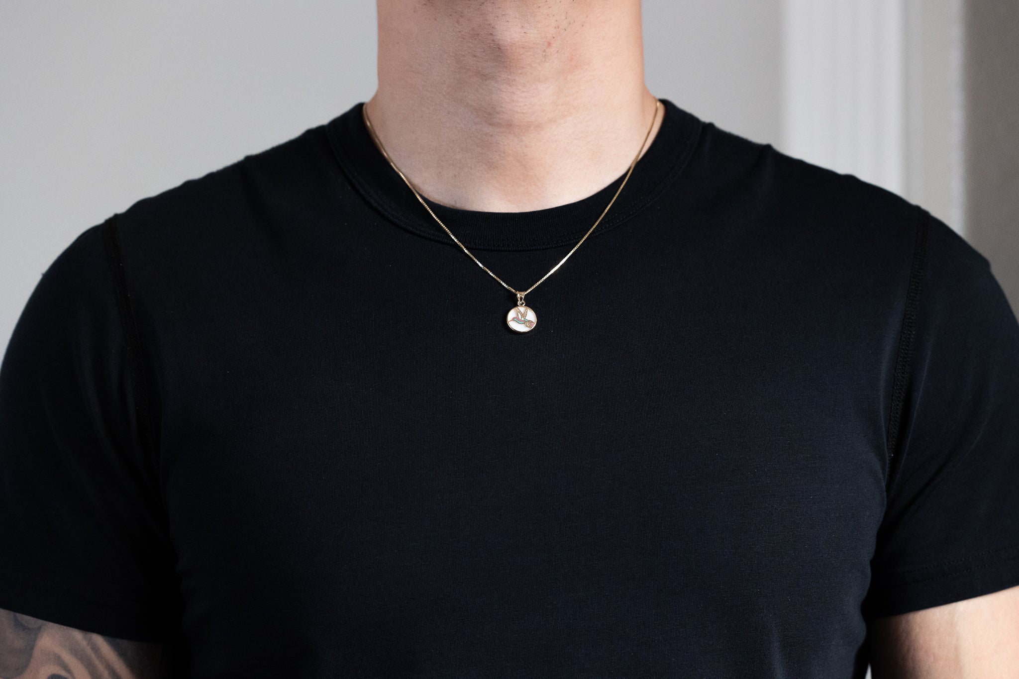 Gold Hummingbird Round Pendant With Mother of Pearl Backdrop - Model PT2519 - Charlie & Co. Jewelry