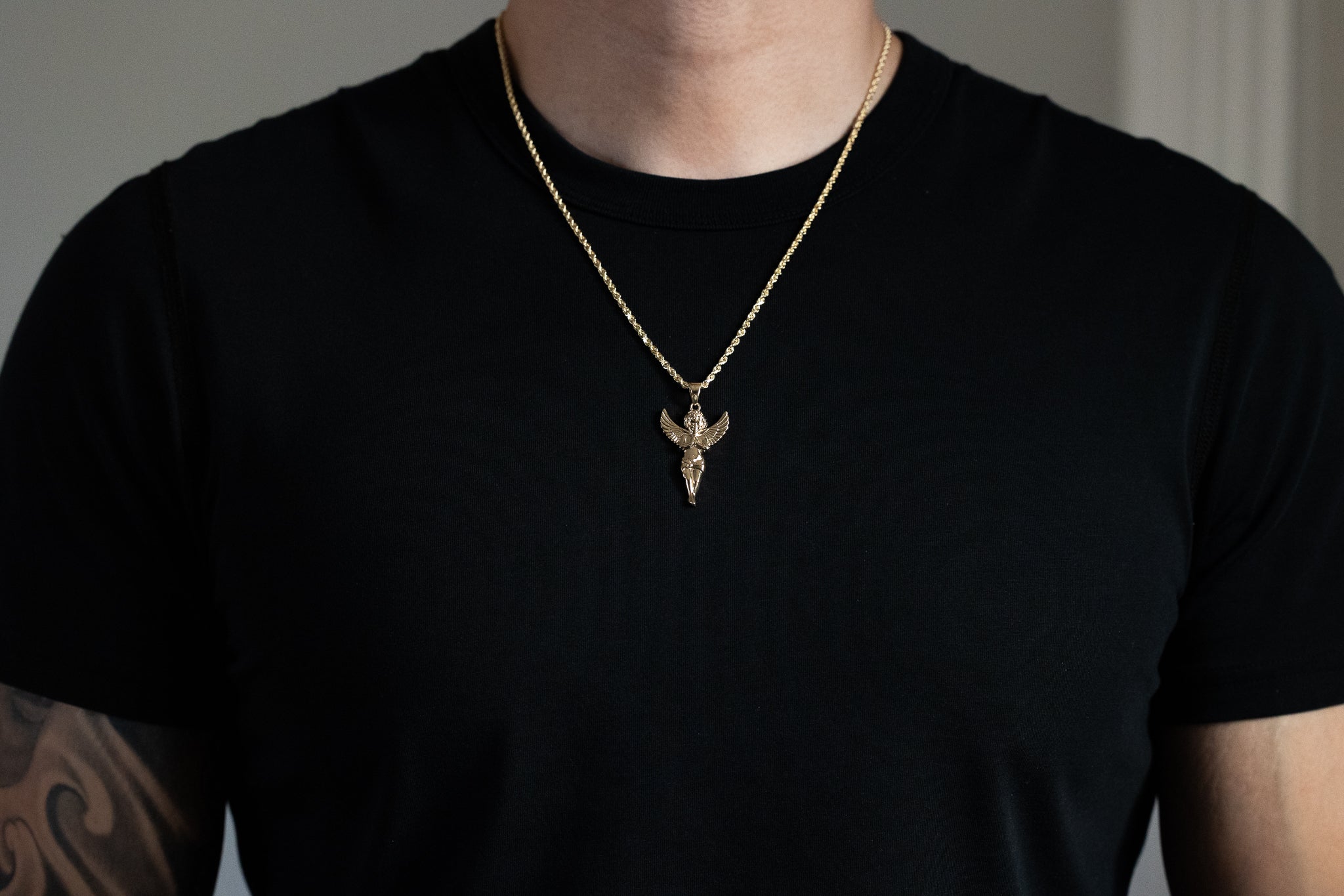 Gold Large Praying Angel Pendant Necklace - Model PT2630 - Charlie & Co. Jewelry