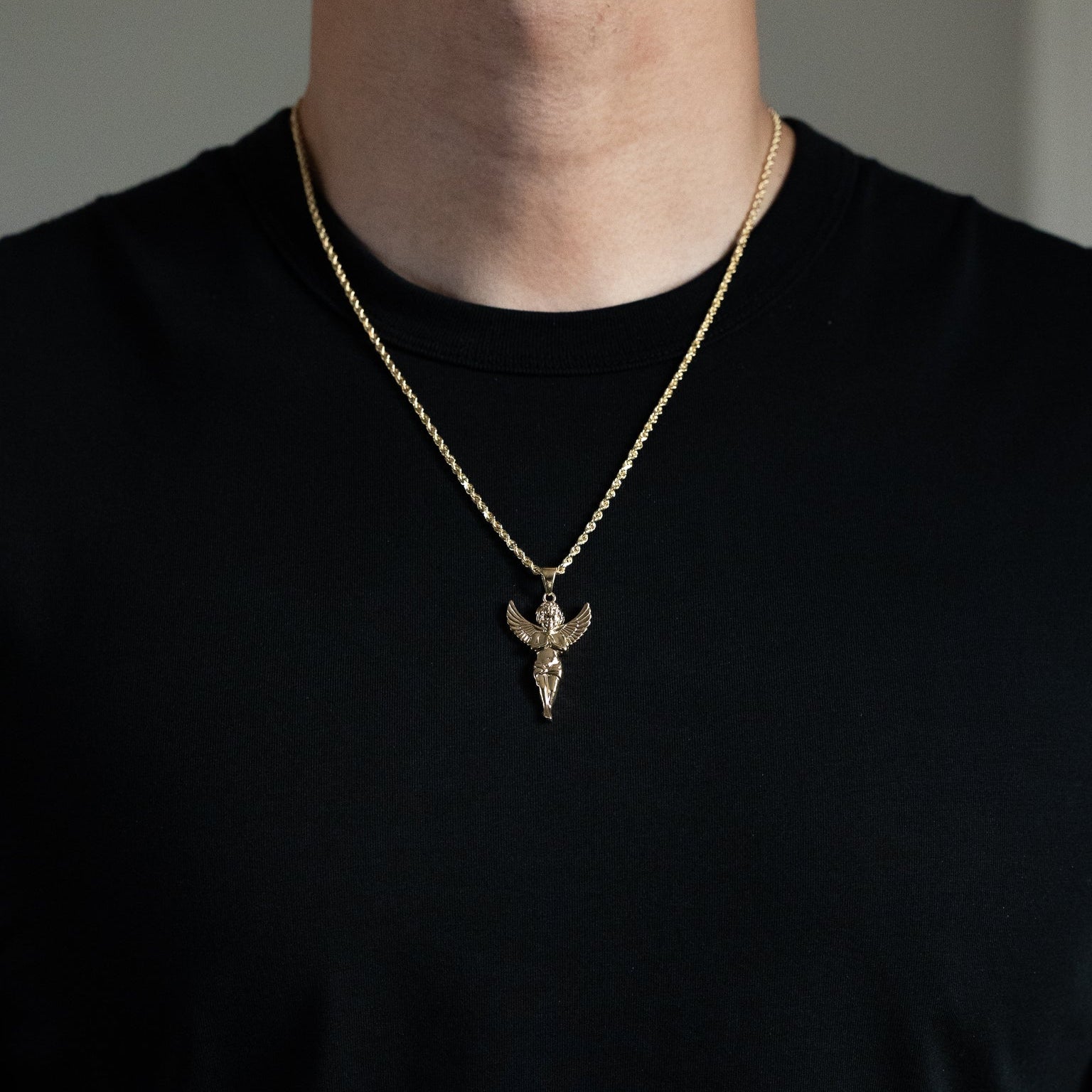 Gold Large Praying Angel Pendant Necklace - Model PT2630 - Charlie & Co. Jewelry