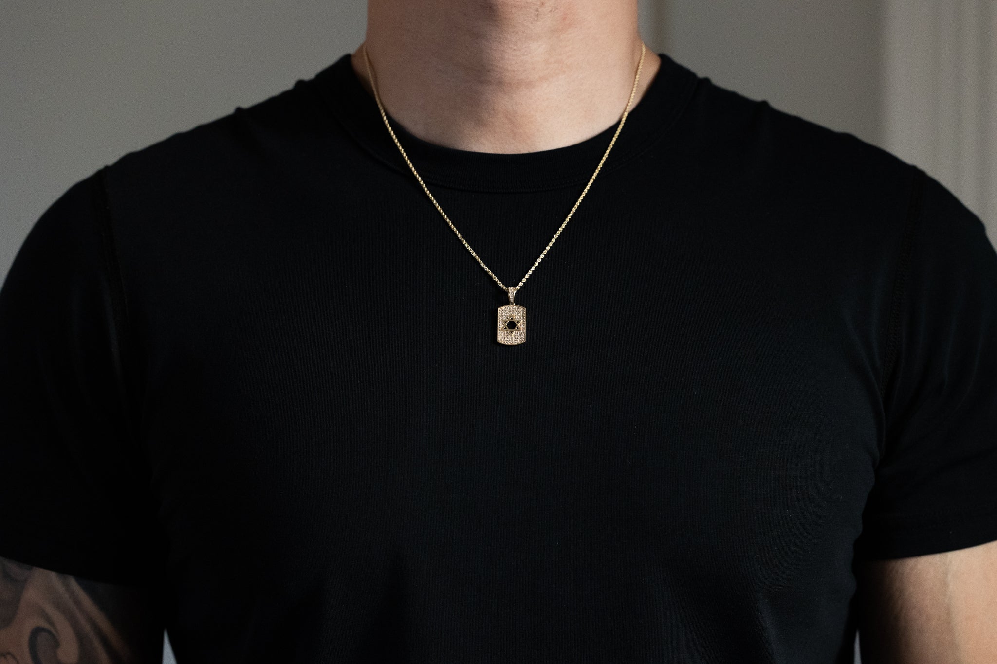 Gold CZ Star of David Dog Tag Pendant Necklace - Model PT2765 - Charlie & Co. Jewelry