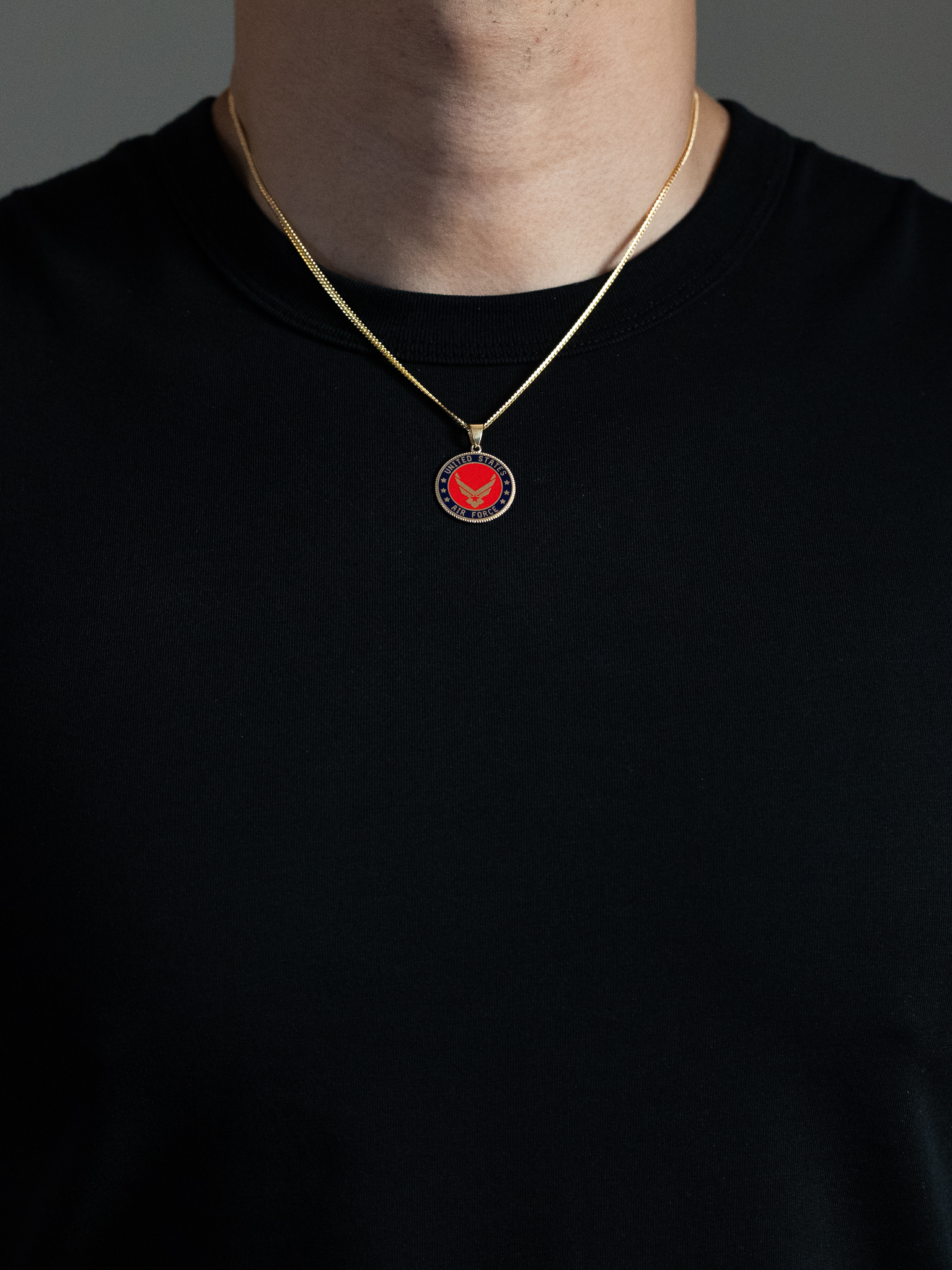 Gold US Air Force Double Sided Round Pendant with Iconic Wing Emblem - Model PT2846 - Charlie & Co. Jewelry