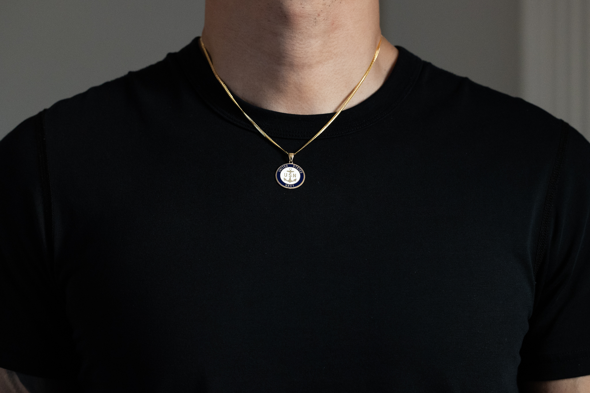 Gold US Navy Double Sided Round Pendant with Anchor Design - Model PT2845 - Charlie & Co. Jewelry