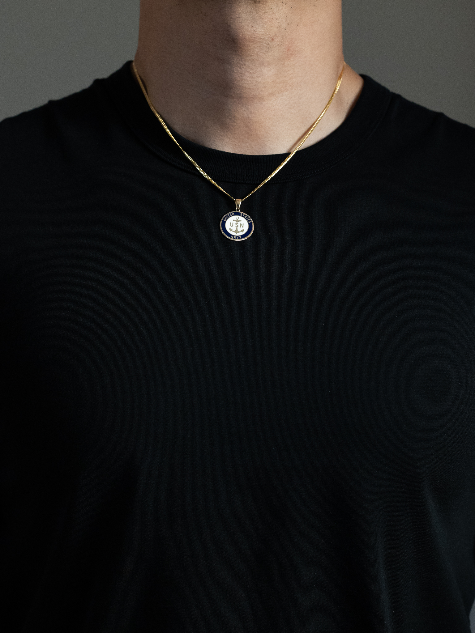 Gold US Navy Double Sided Round Pendant with Anchor Design - Model PT2845 - Charlie & Co. Jewelry