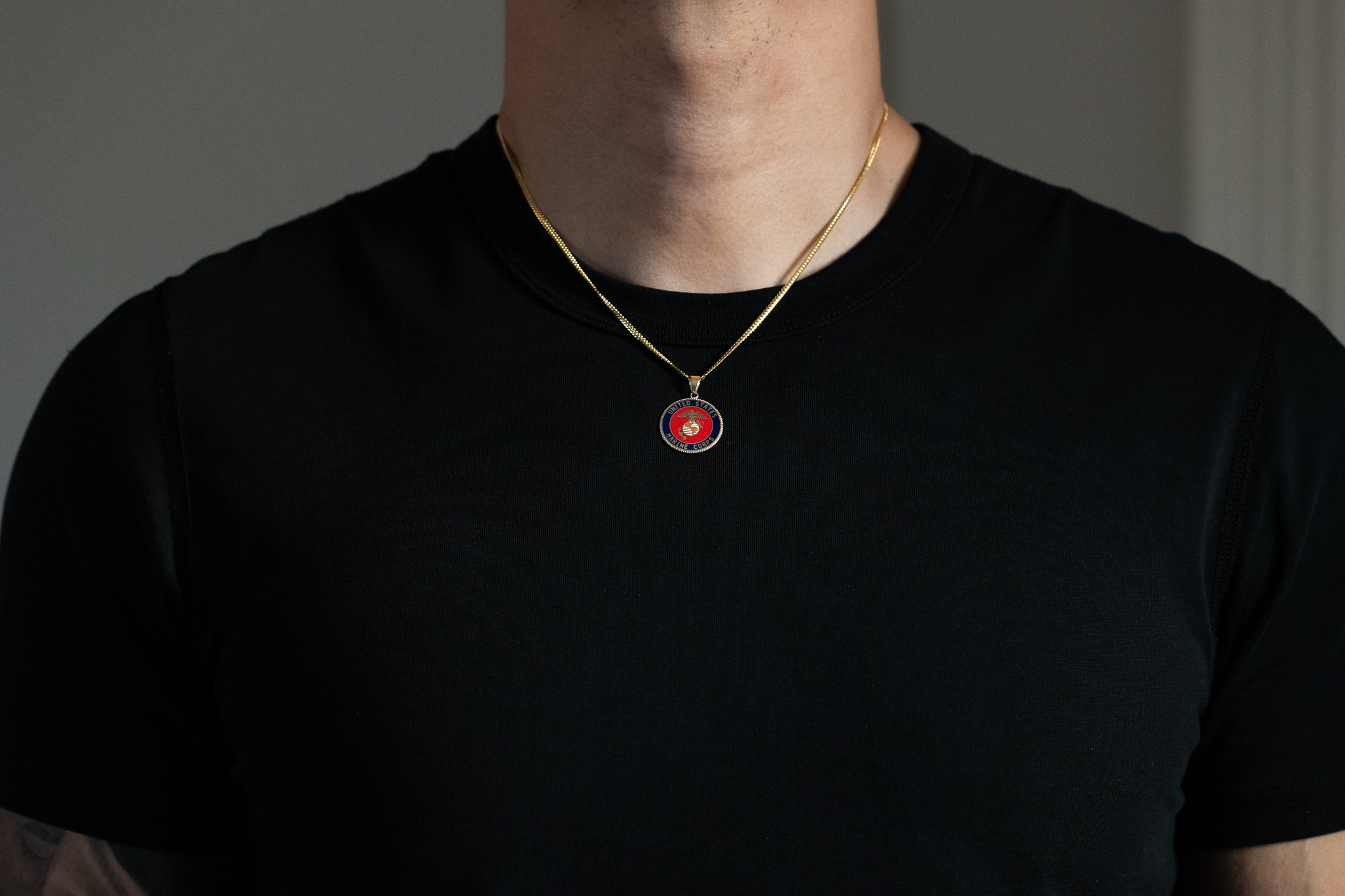 Gold US Marine Corps Double Sided Round Pendant Necklace - Model PT2848 - Charlie & Co. Jewelry