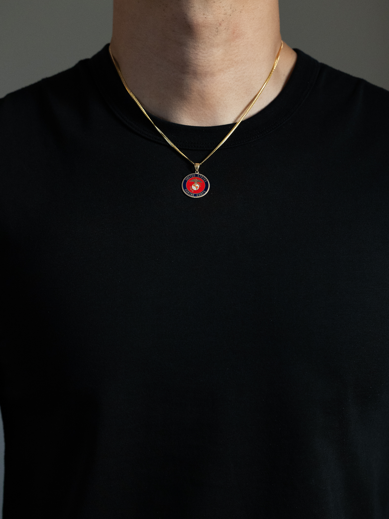 Gold US Marine Corps Double Sided Round Pendant Necklace - Model PT2848 - Charlie & Co. Jewelry