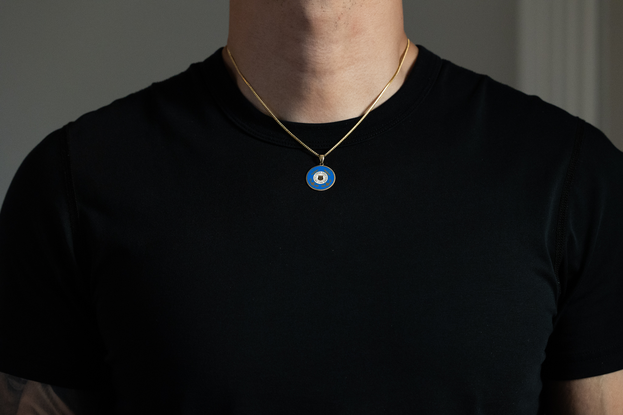 Gold US Coast Guard Double Sided Round Pendant Necklace With Emblem - Model PT2847 - Charlie & Co. Jewelry
