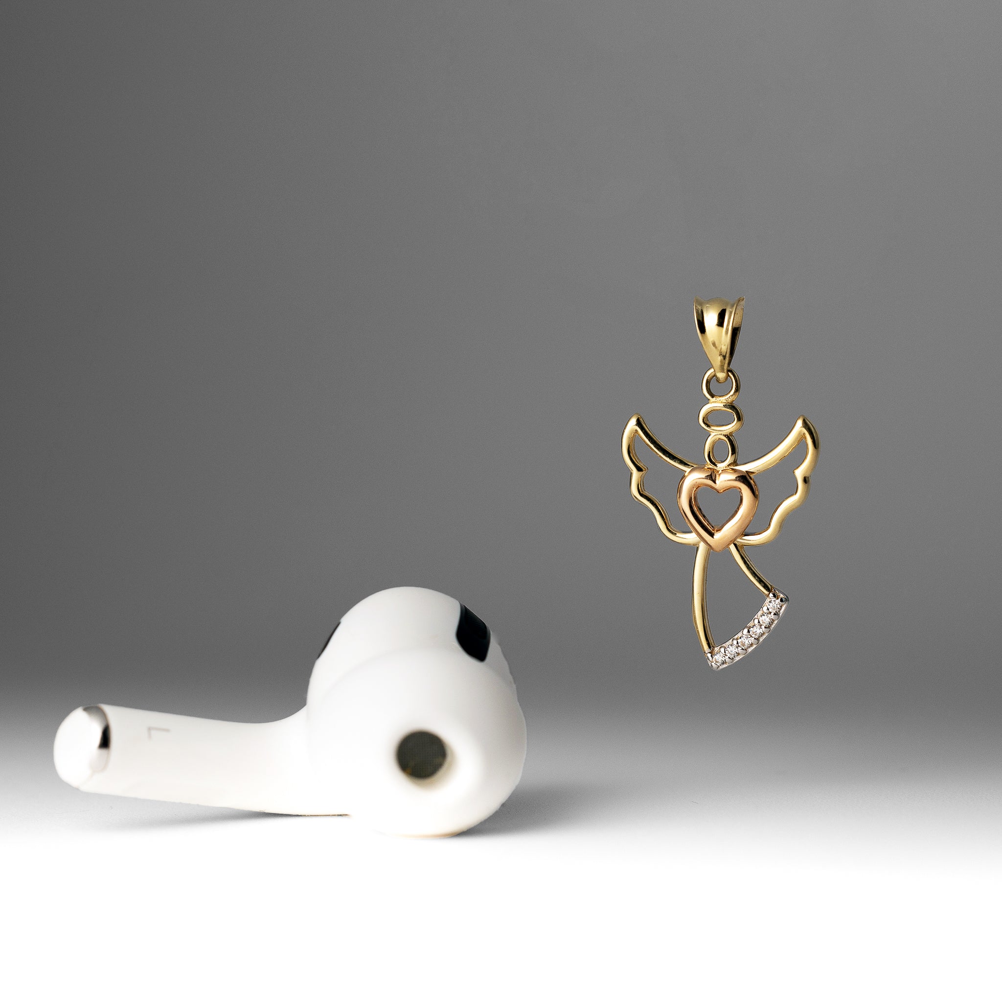 Gold CZ Stones Heart and Halo Design Angel Pendant Necklace - Model PT2326 - Charlie & Co. Jewelry