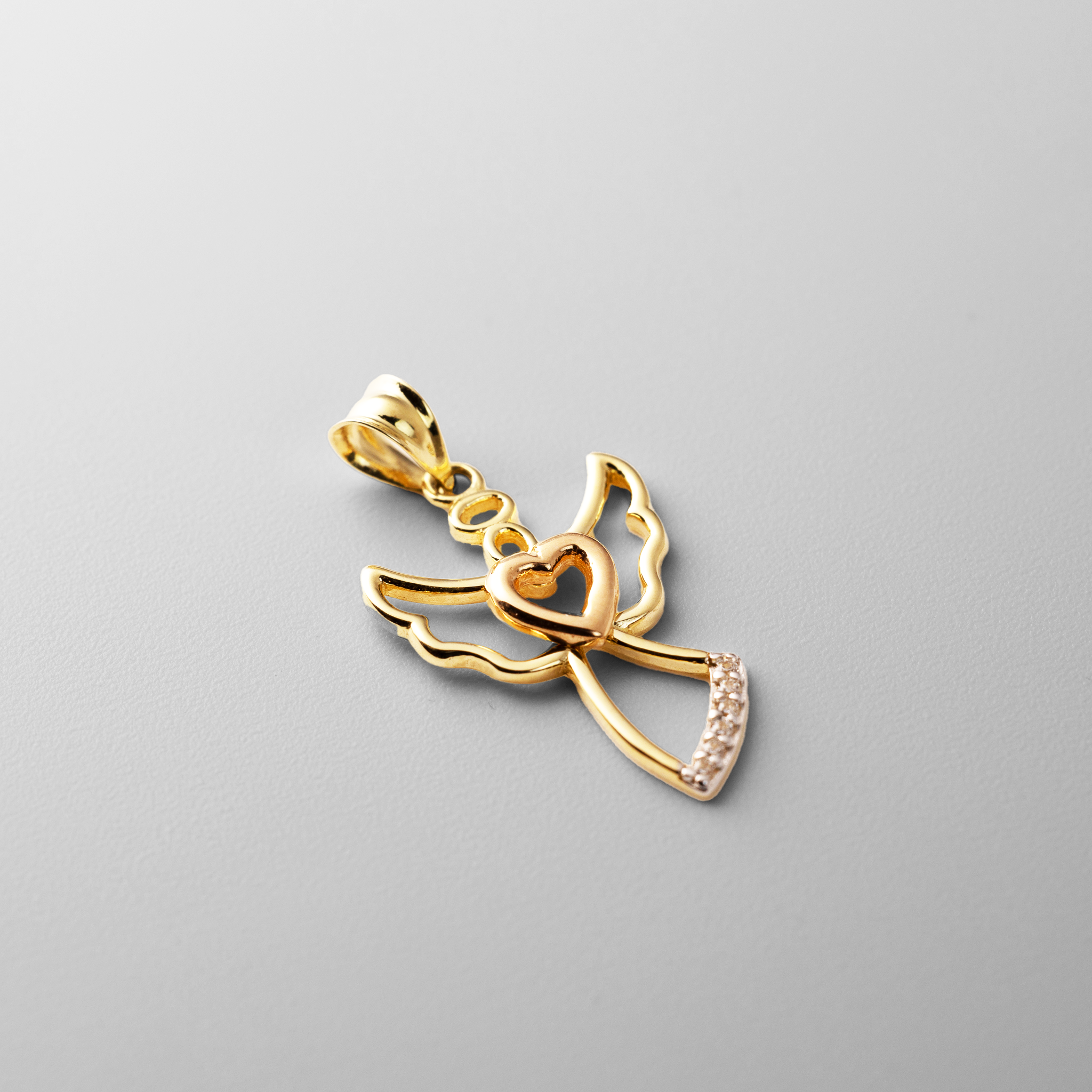 Gold CZ Stones Heart and Halo Design Angel Pendant Necklace - Model PT2326 - Charlie & Co. Jewelry
