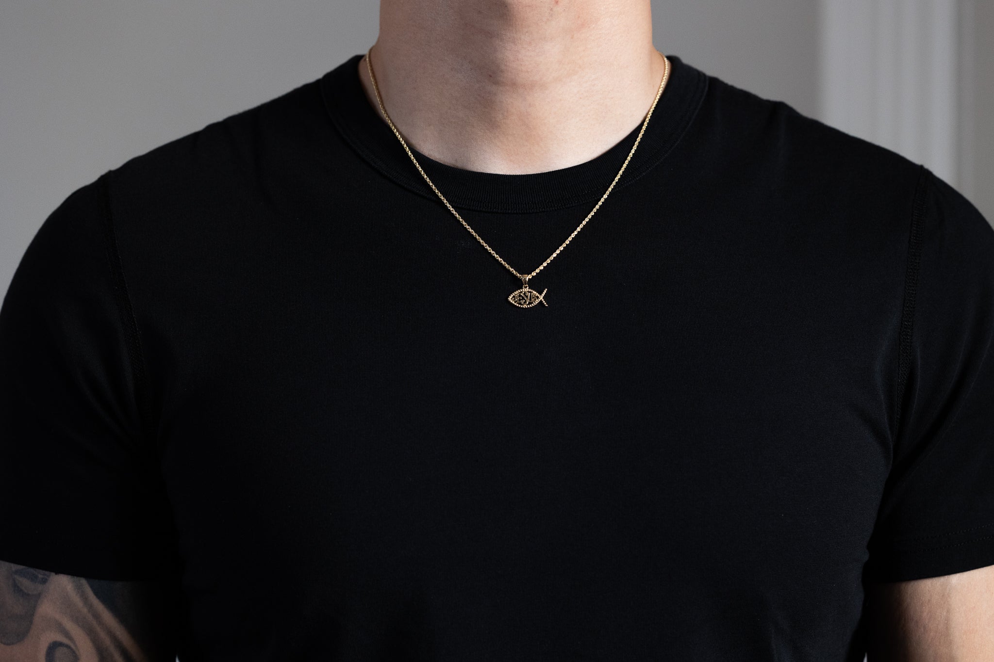 Gold Jesus Fish Ichthys Symbol Religious Pendant Necklace - Model PT2628 - Charlie & Co. Jewelry