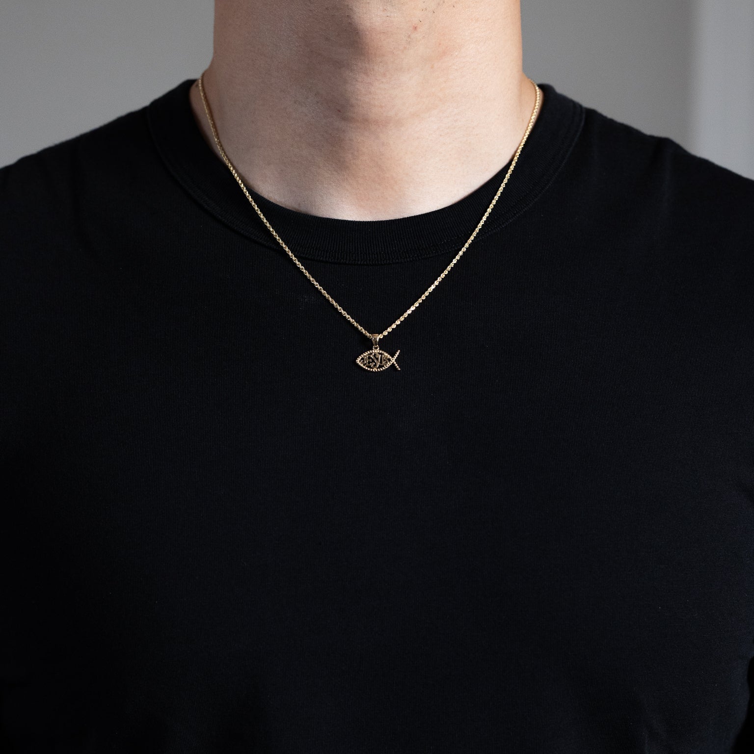 Gold Jesus Fish Ichthys Symbol Religious Pendant Necklace - Model PT2628 - Charlie & Co. Jewelry