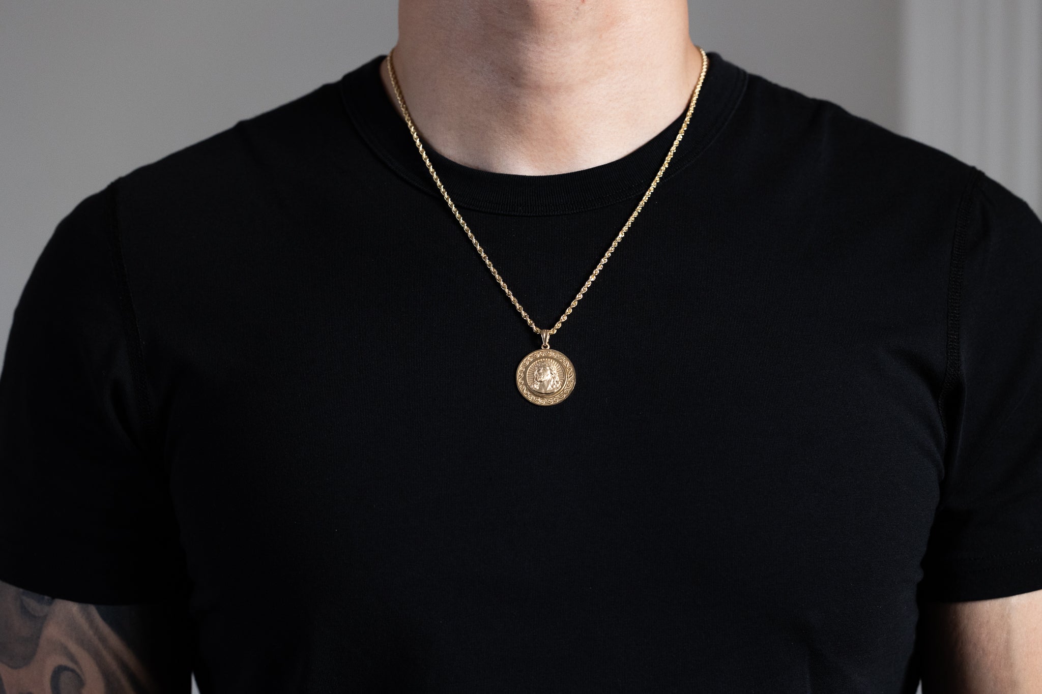 Gold Large Round Medal Jesus Pendant Necklace – Model PT3235 - Charlie & Co. Jewelry