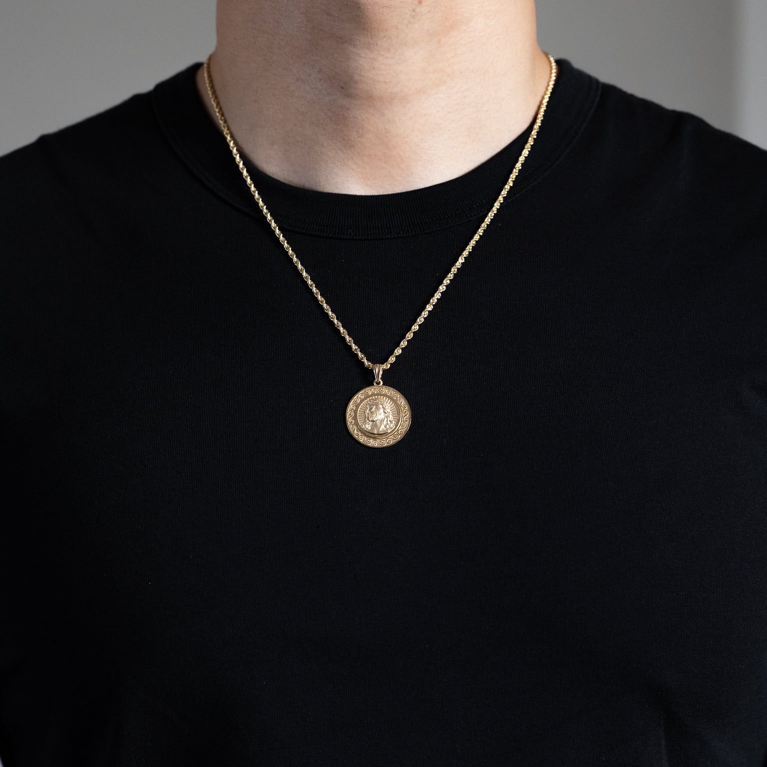 Gold Large Round Medal Jesus Pendant Necklace – Model PT3235 - Charlie & Co. Jewelry