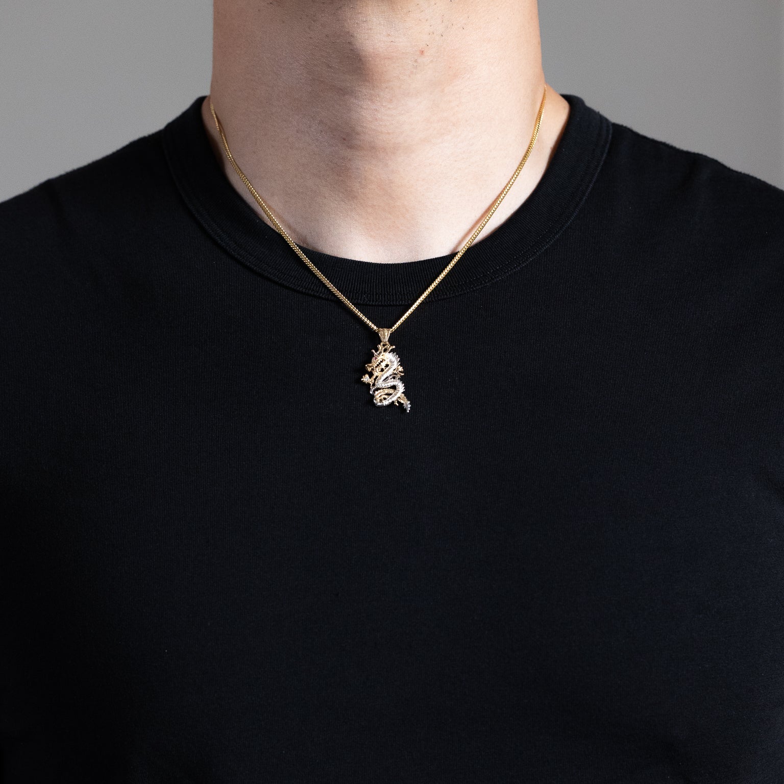 Yellow and White Gold Chinese Dragon Pendant Necklace - Model PT1538 - Charlie & Co. Jewelry